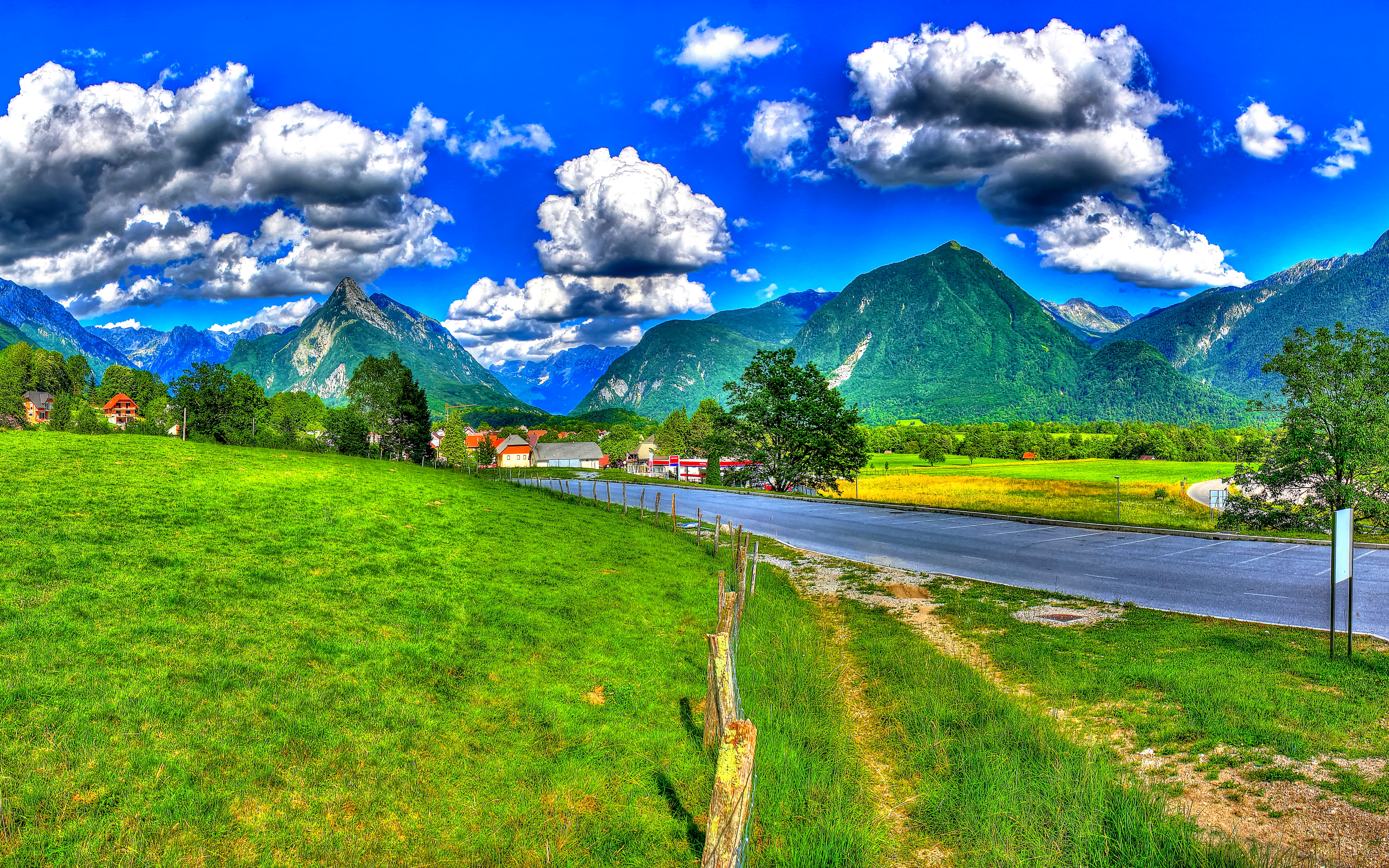 grass, landscape, village, photography, cloud, earth, mountain, road, slovenia Full HD
