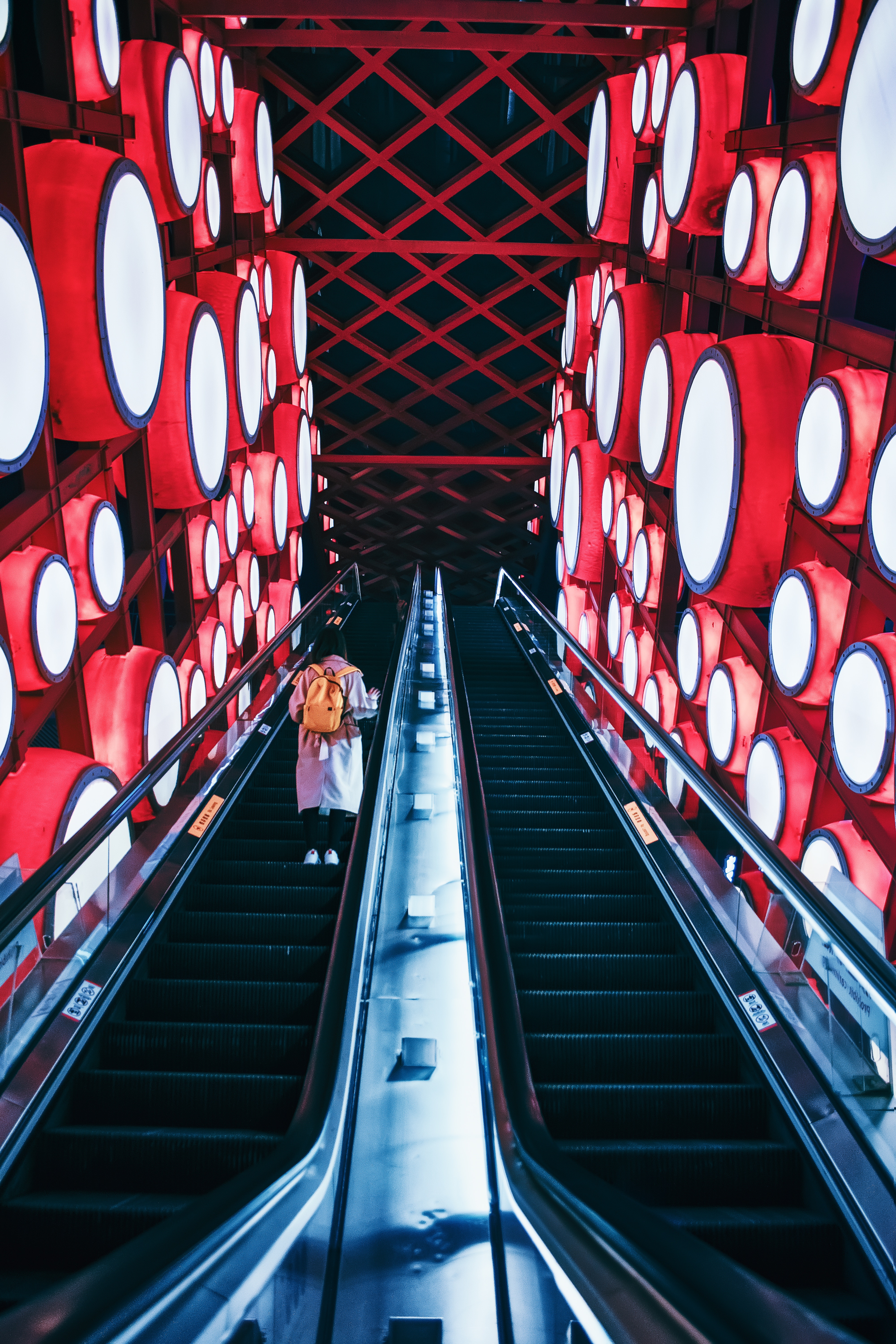 Full HD interior, red, lights, miscellanea, miscellaneous, lanterns, human, person, steps, escalator