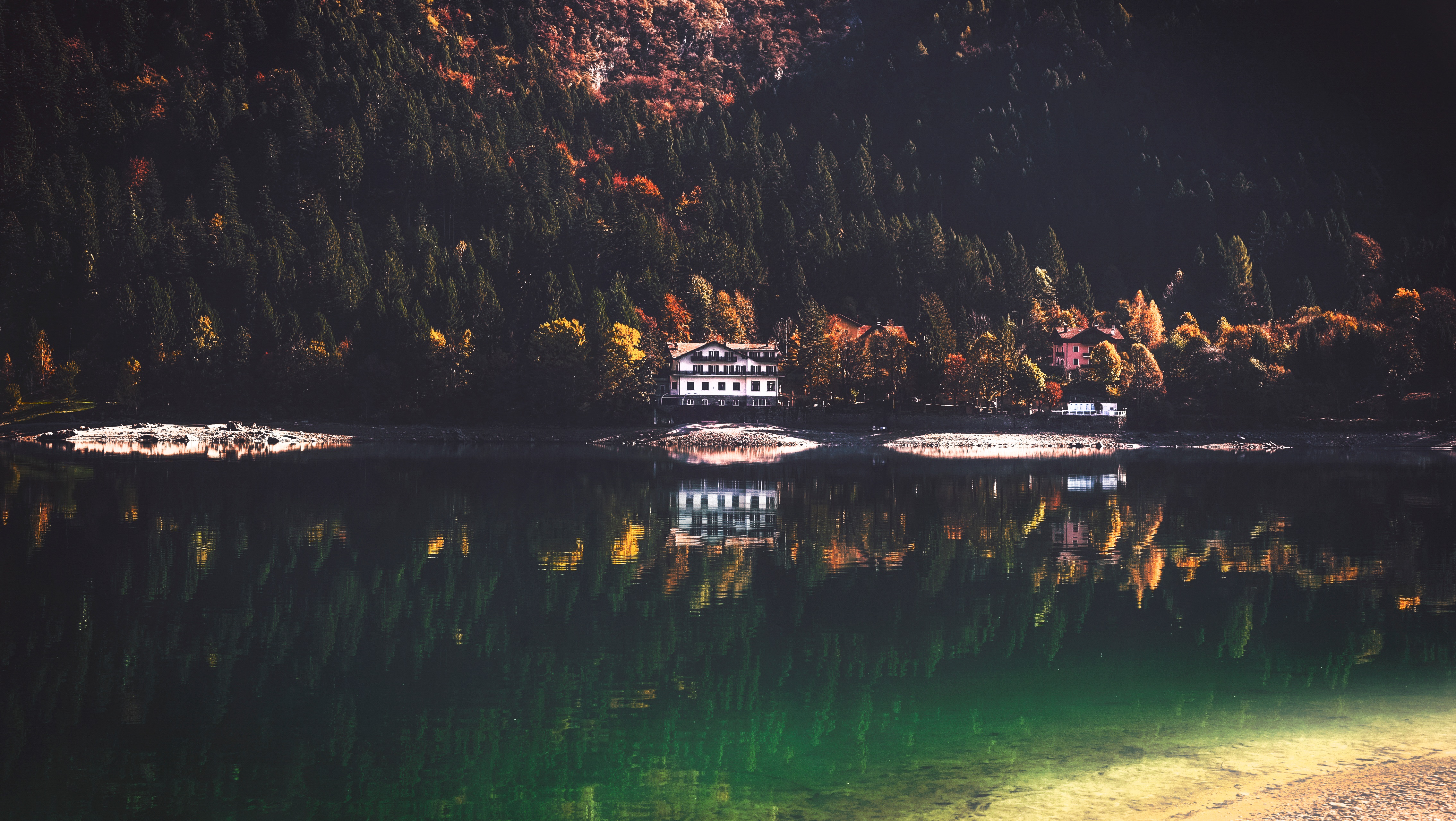 small house, nature, lake, reflection, lodge, elevation