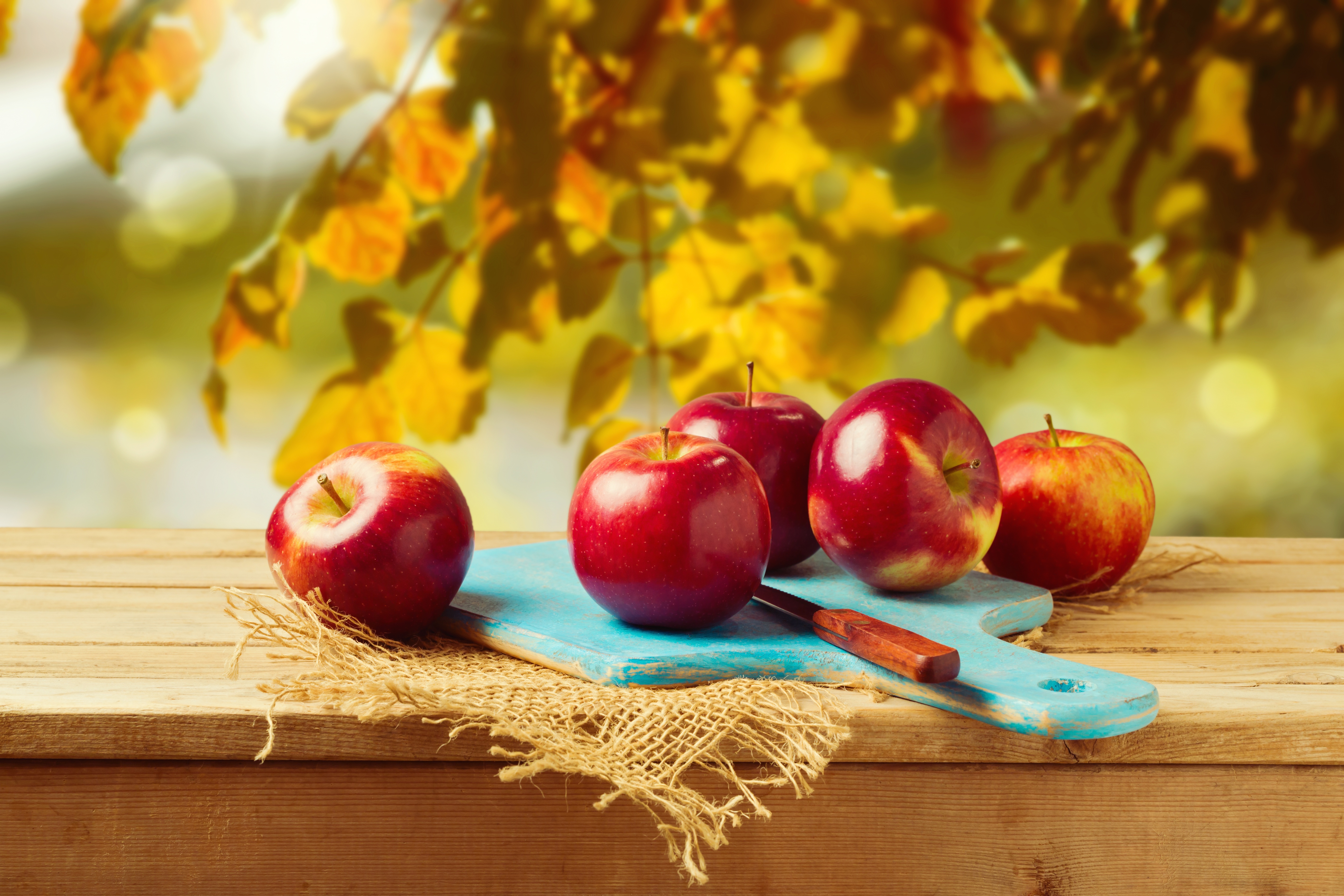 Осенние яблоки на деревянном столе