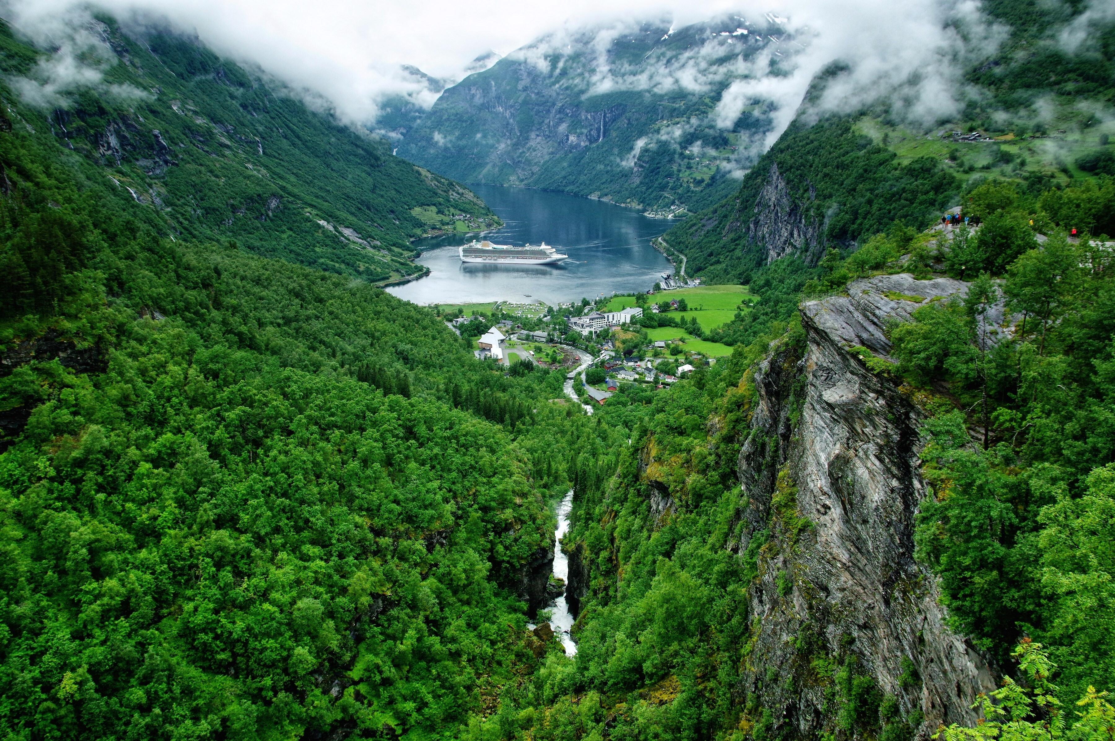 fjord, earth, cloud, cruise ship, forest, mountain, river, waterfall QHD
