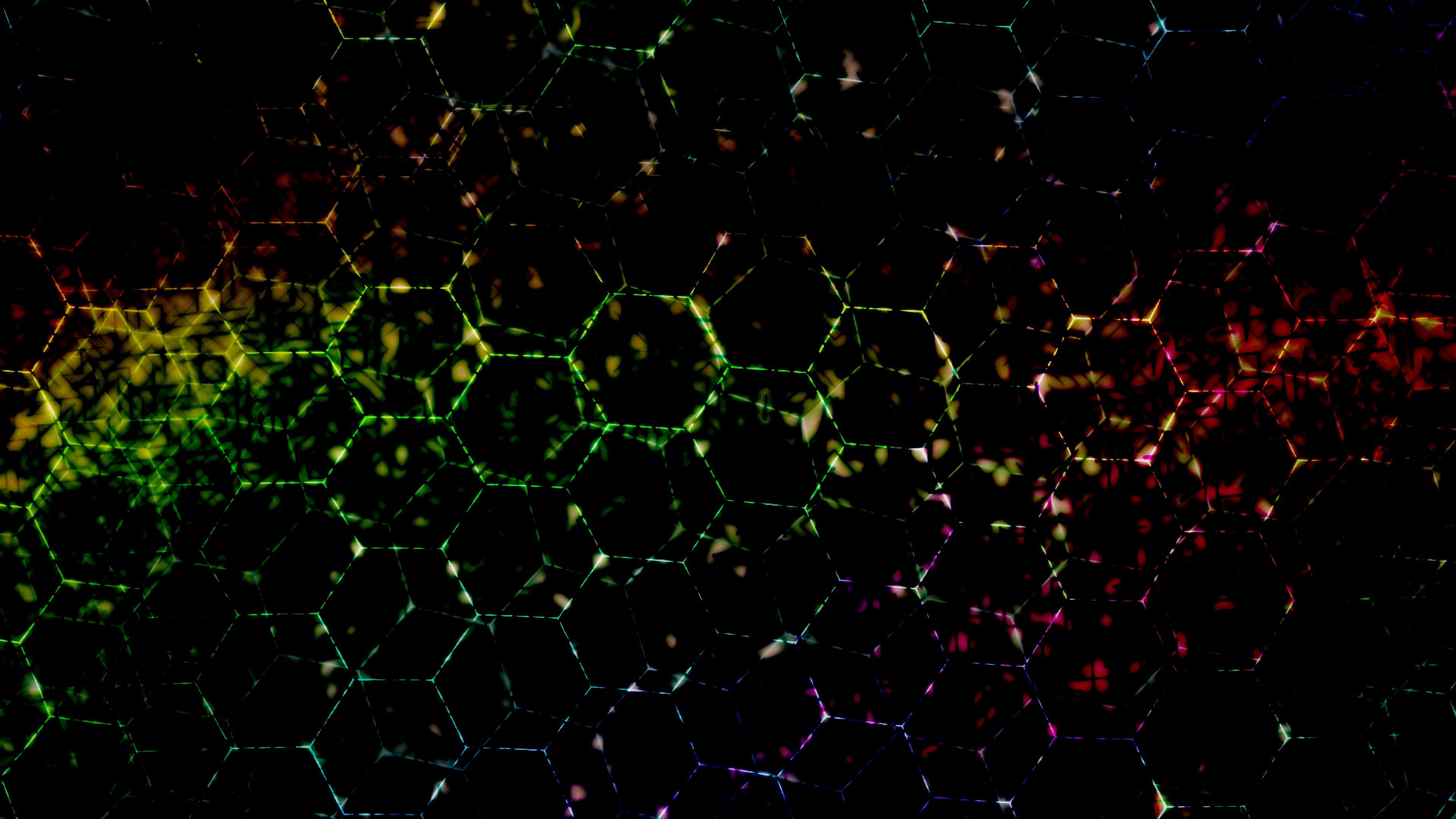 Horizontal Wallpaper lines, abstract, dark, multicolored, motley, stains, spots, hexagons, hexagonals