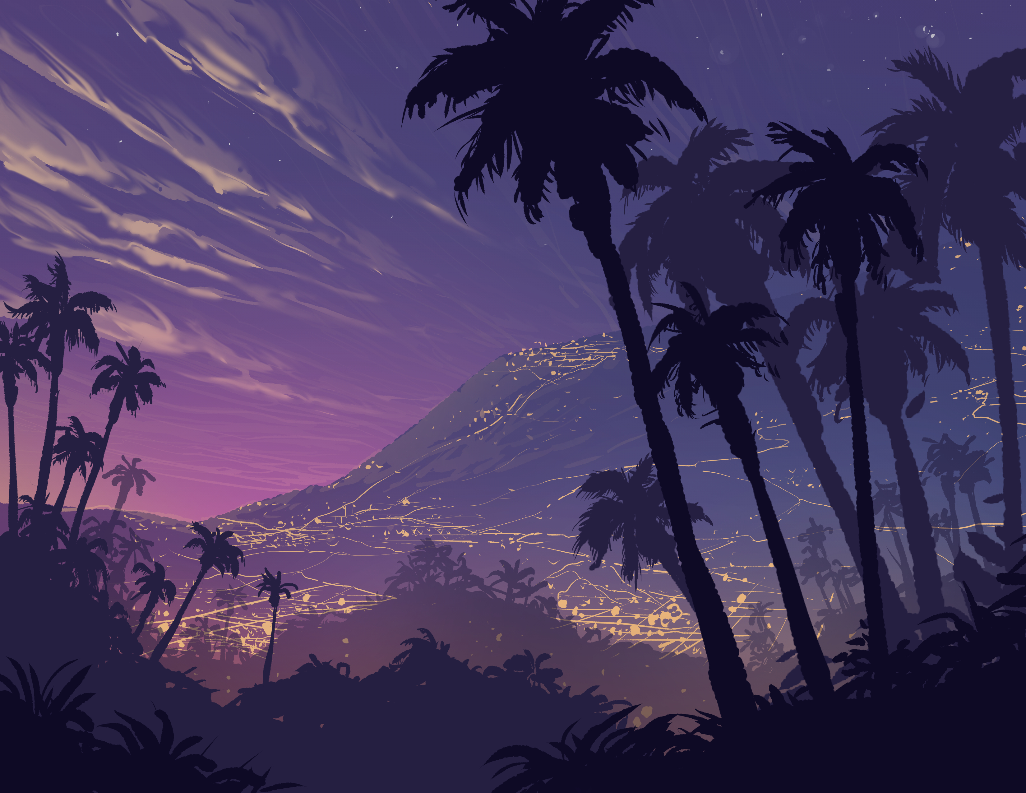 art, night, mountains, landscape, palms, shadows lock screen backgrounds