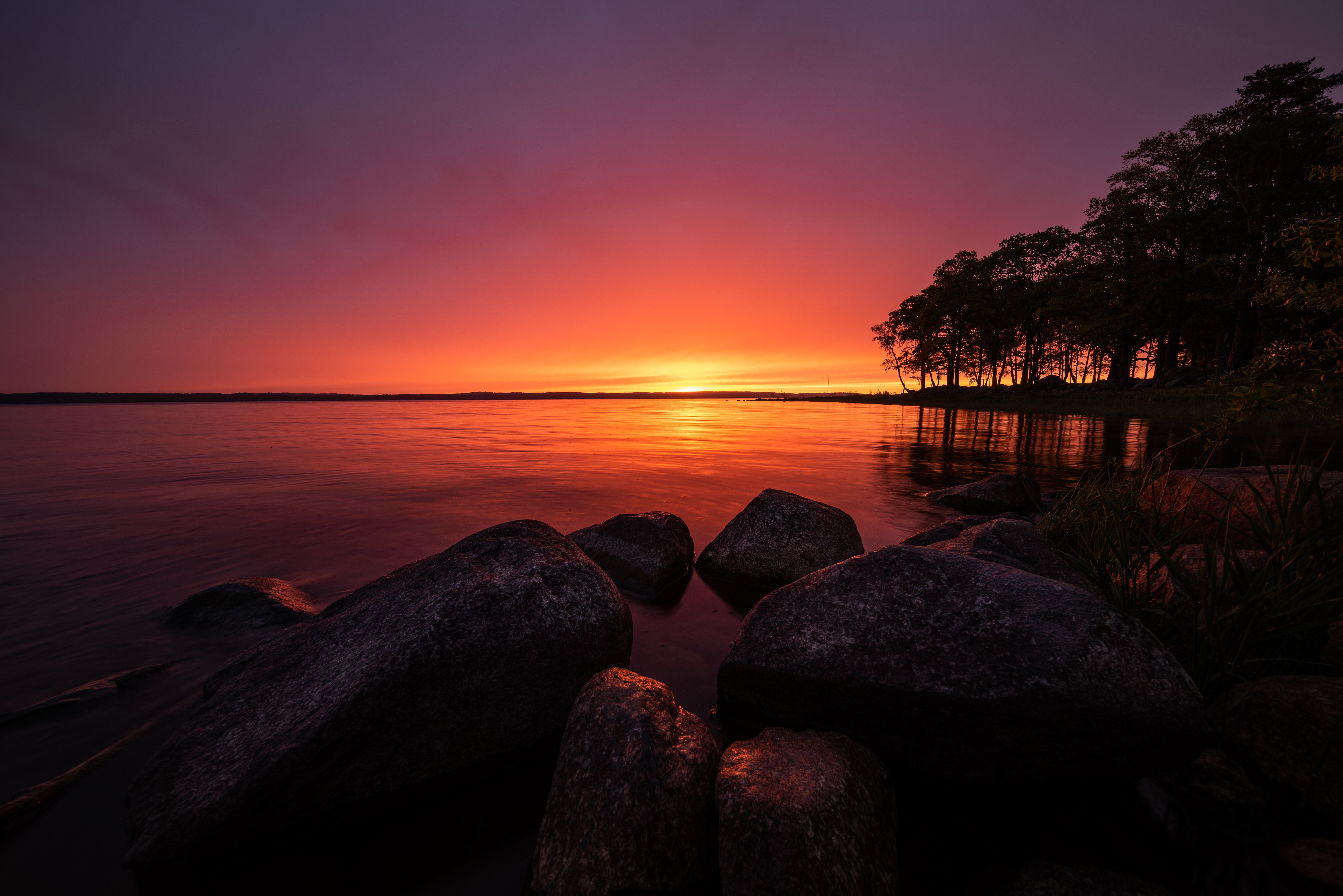 sunrise, earth, lake, stone, sweden, tree, lakes