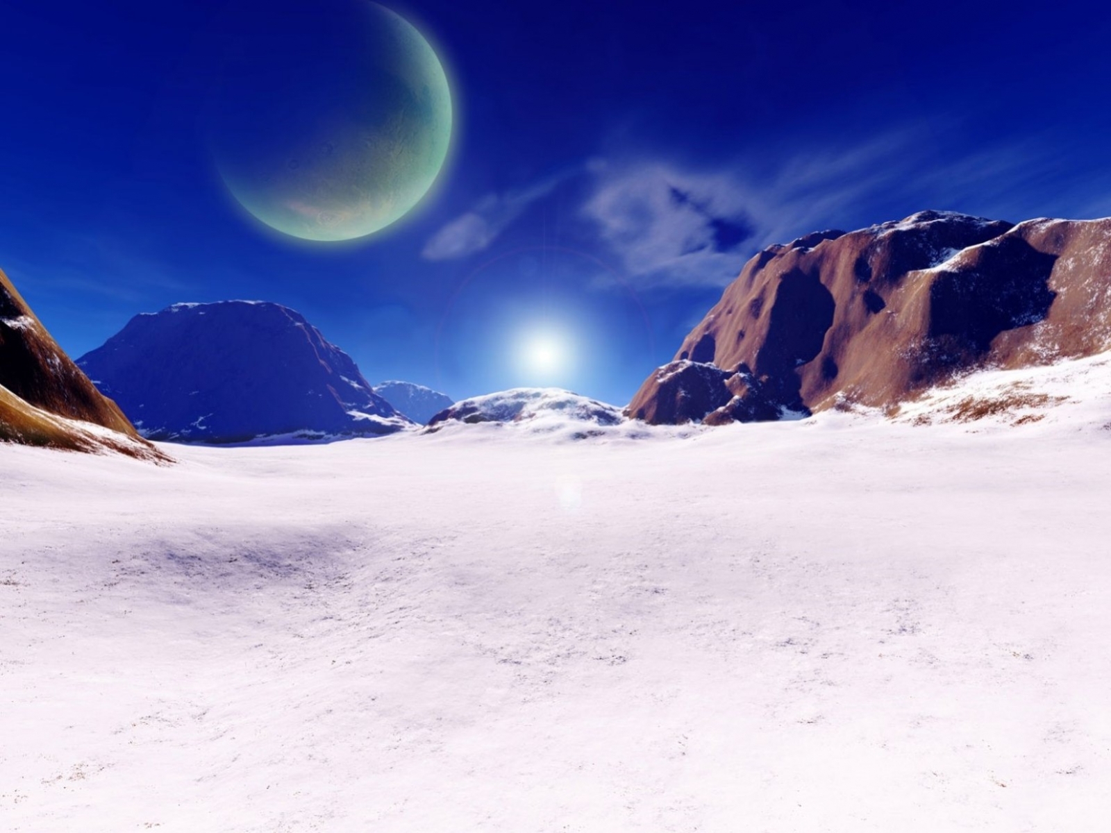 在您的 PC 桌面上免費下載 冬天, 幻想, 天空, 行星, 山, 太阳 圖片