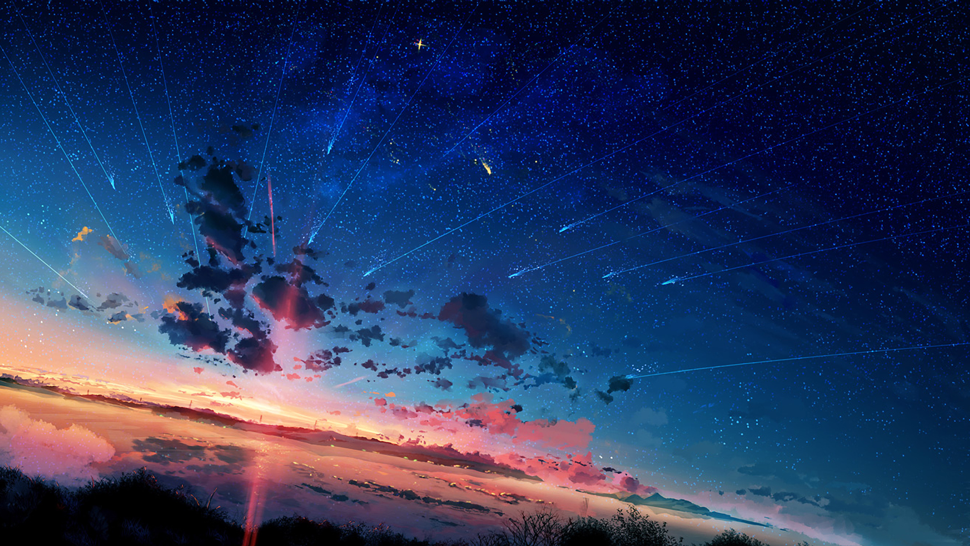 905400 скачать картинку звездное небо, падающая звезда, закат солнца, аниме - обои и заставки бесплатно
