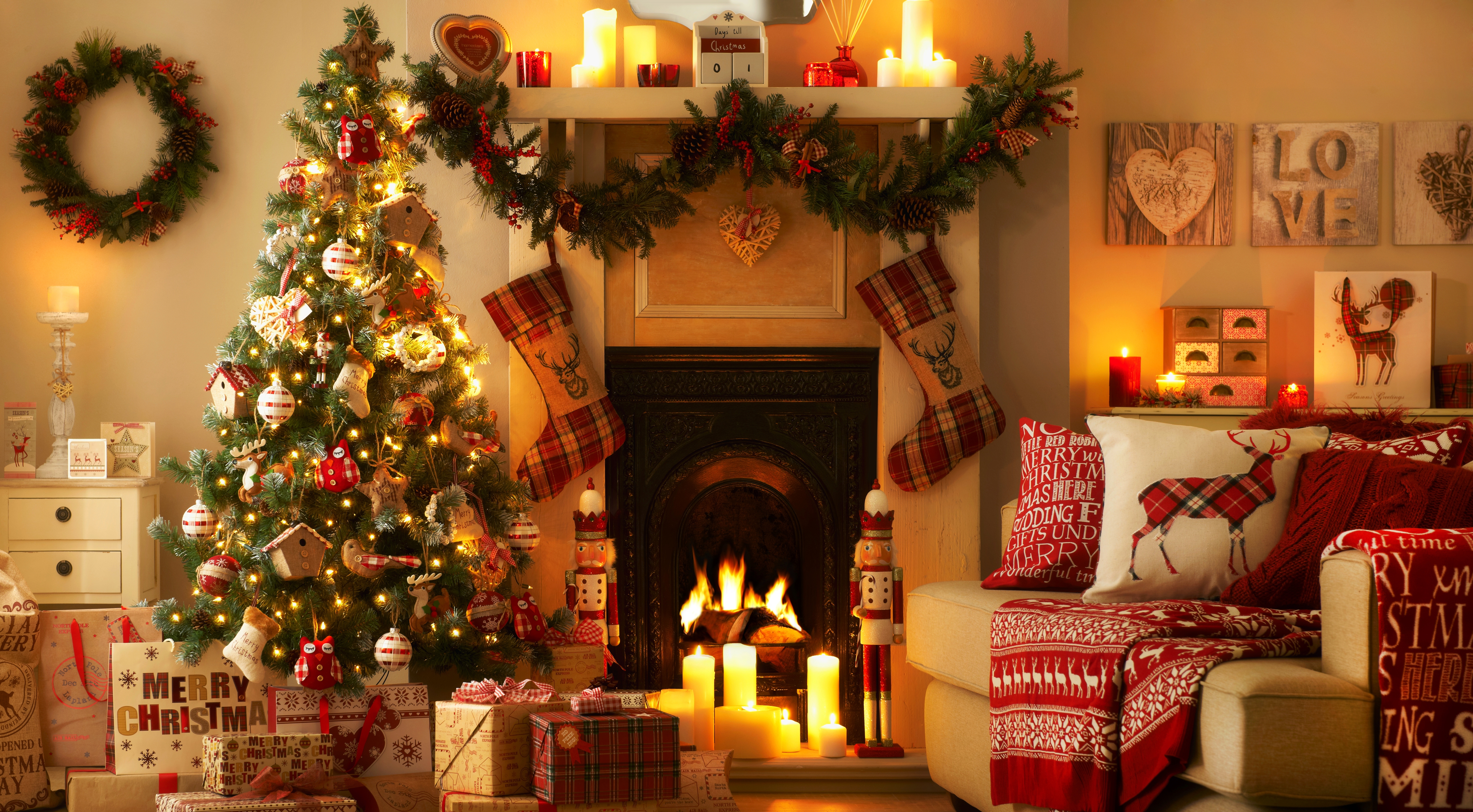gift, christmas, holiday, candle, christmas lights, christmas ornaments, christmas tree, decoration, fireplace, sofa, stocking