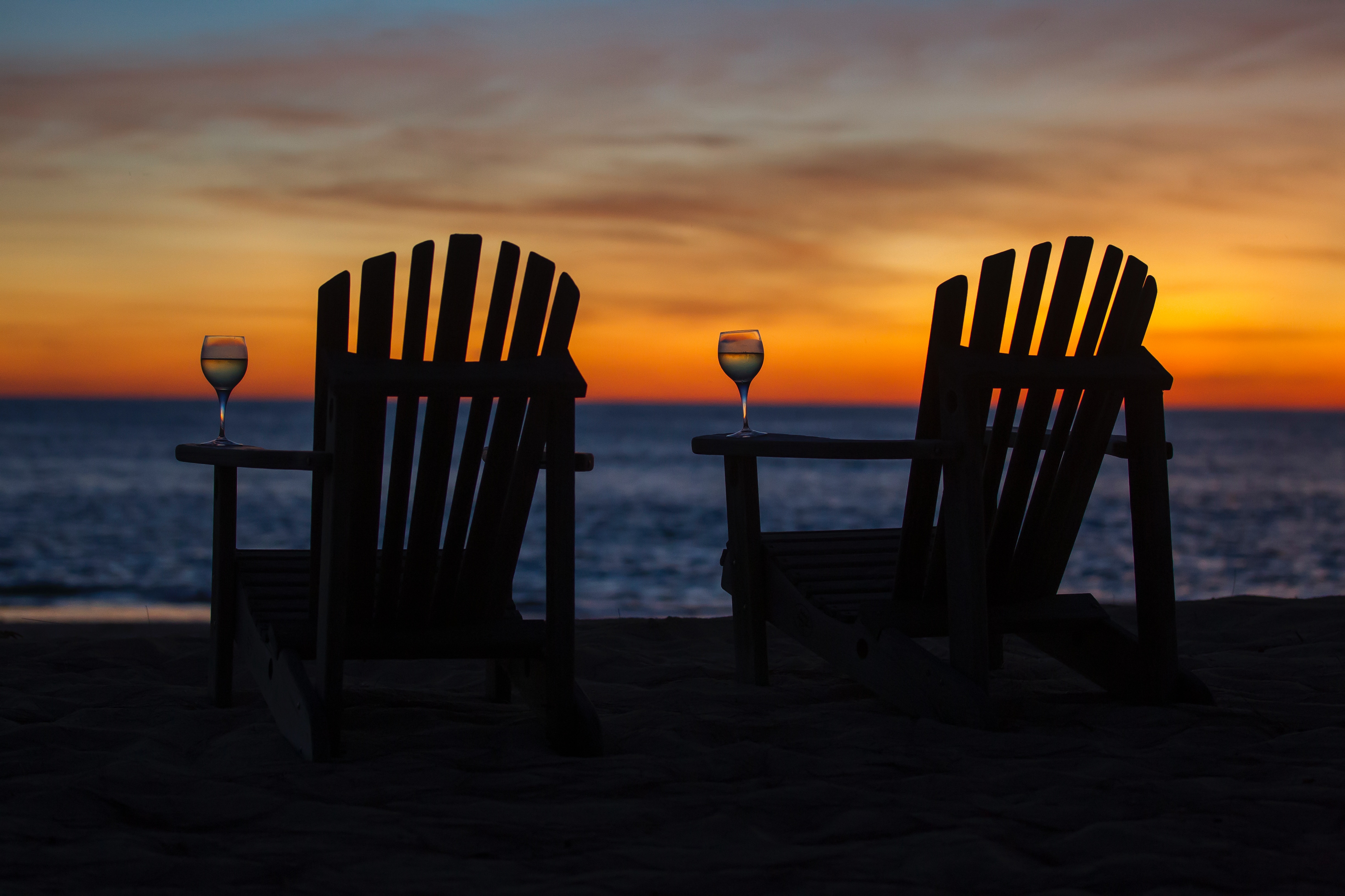 relaxation, wineglass, sunset, beach, dark, chair, rest, goblet wallpapers for tablet