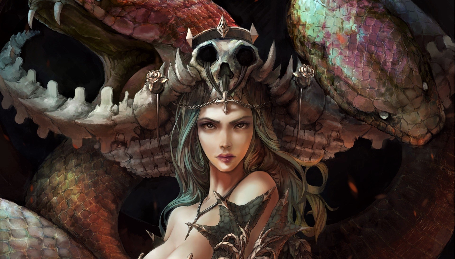Download mobile wallpaper Fantasy, Crown, Dragon, Snake, Skull, Women Warrior, Woman Warrior for free.