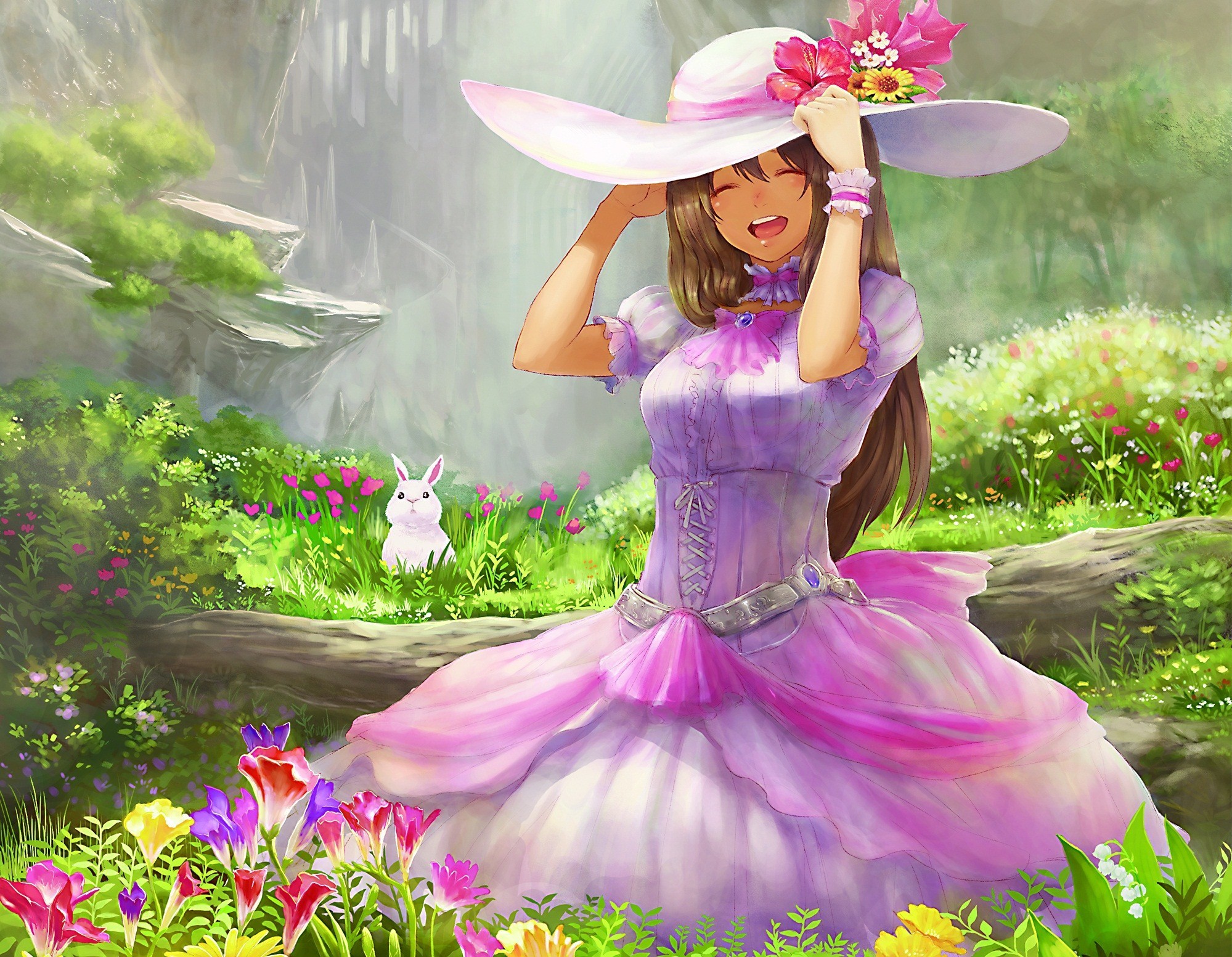 flower, anime, women, grass, hat, log, pink dress, rabbit