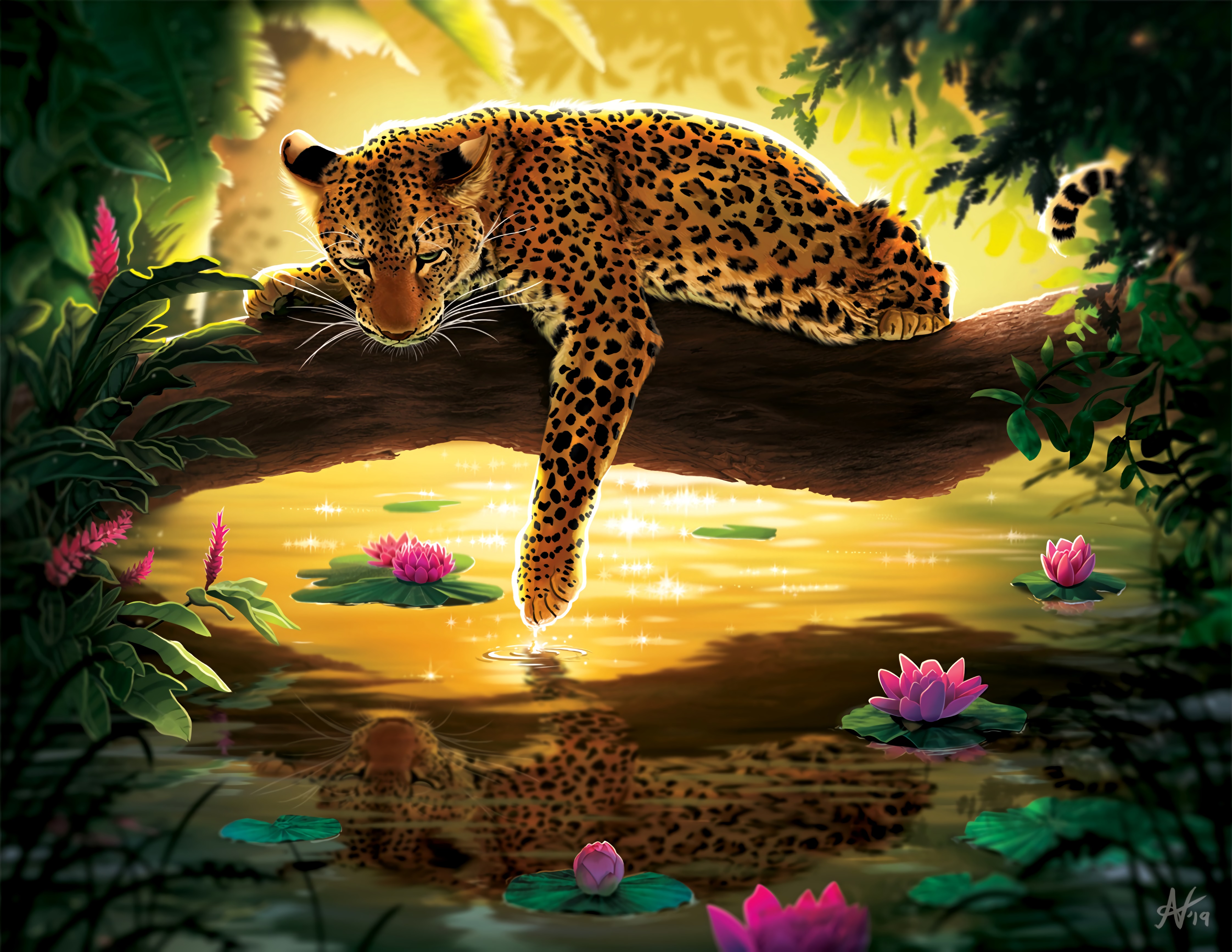 90137 скачать обои леопард, вода, арт, кувшинки, дерево - заставки и картинки бесплатно