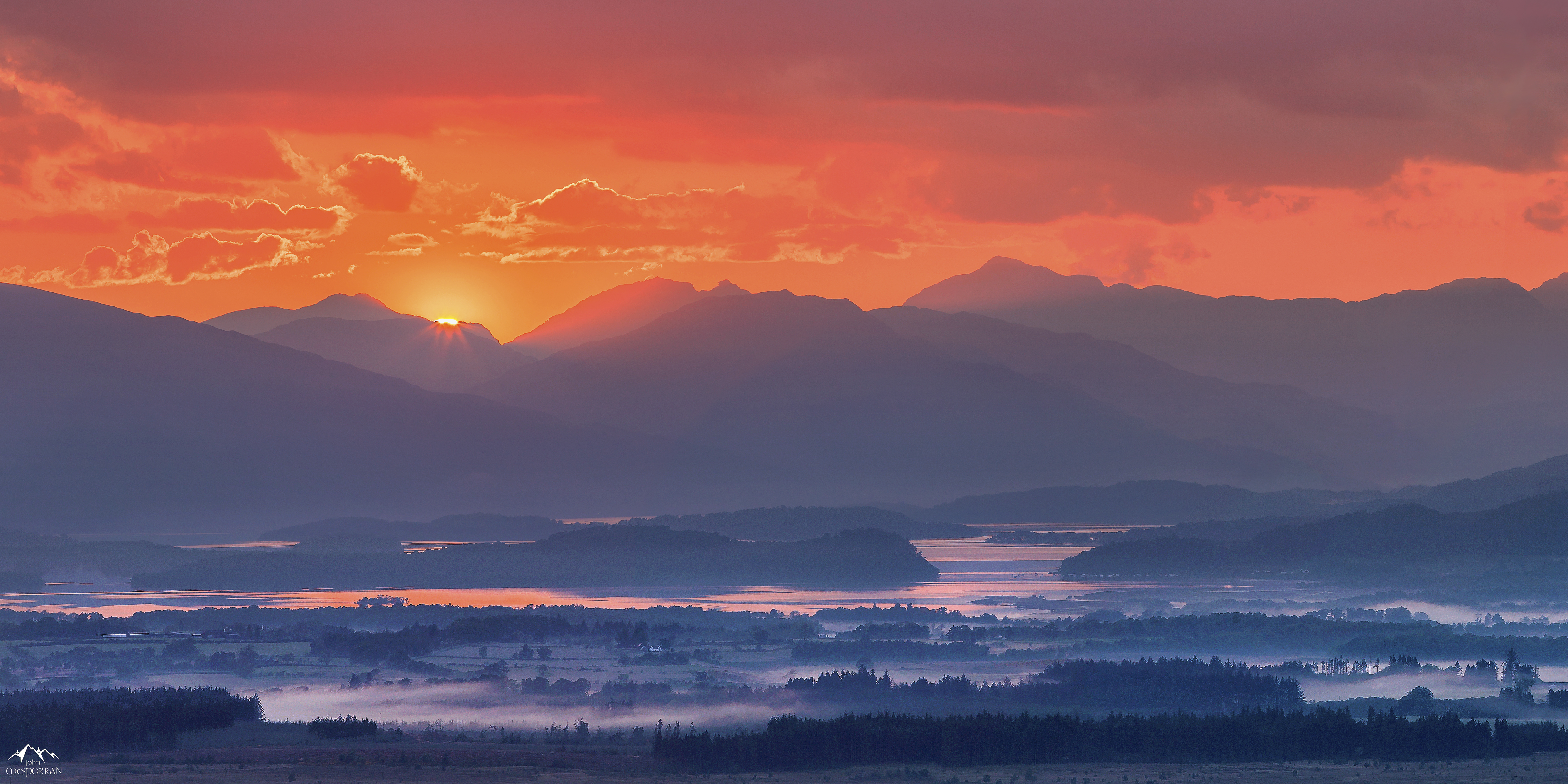 scotland, nature, sunset, mountains, fog, loch lomond HD wallpaper