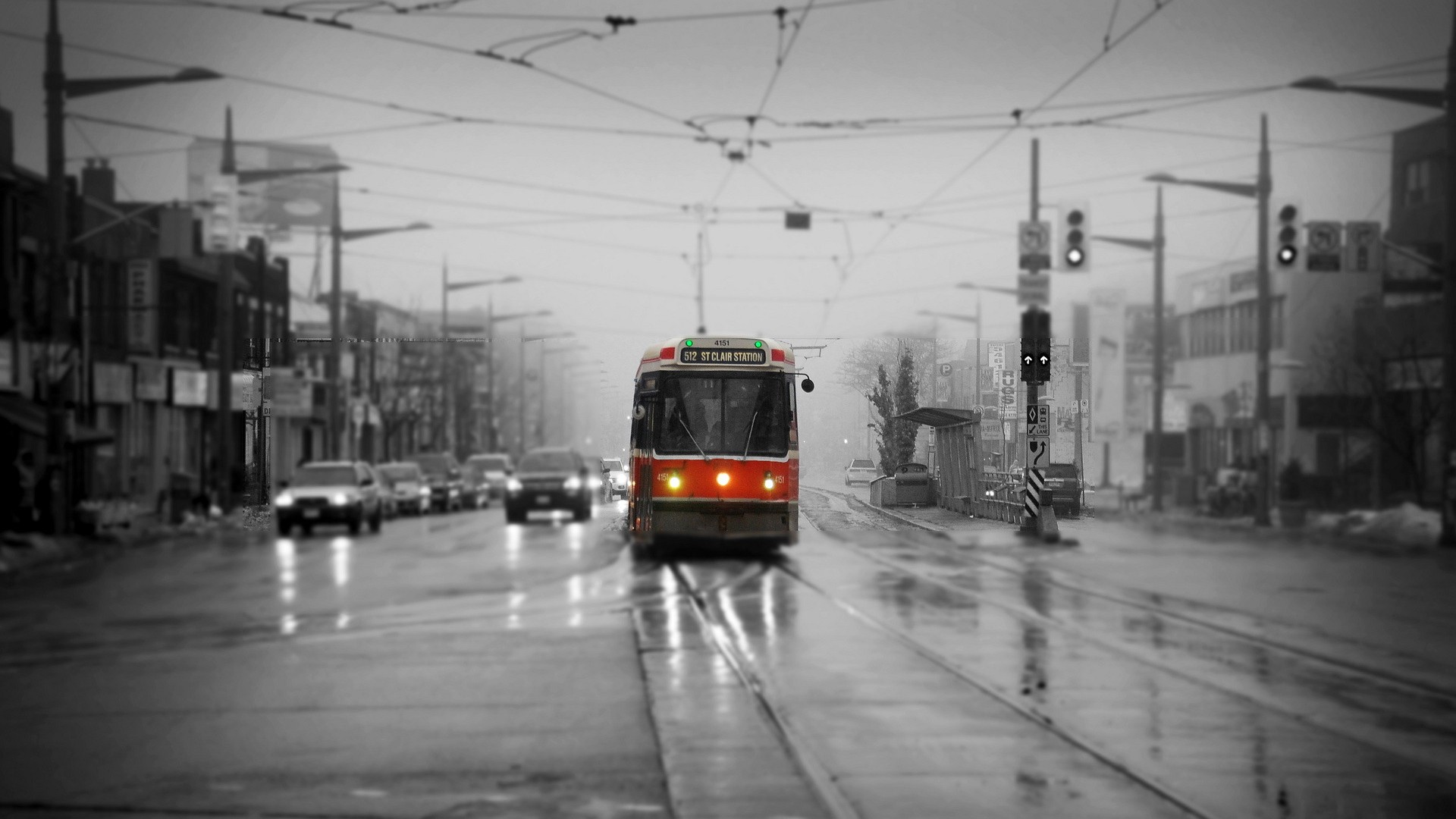 toronto, traffic, vehicles, tram, rain