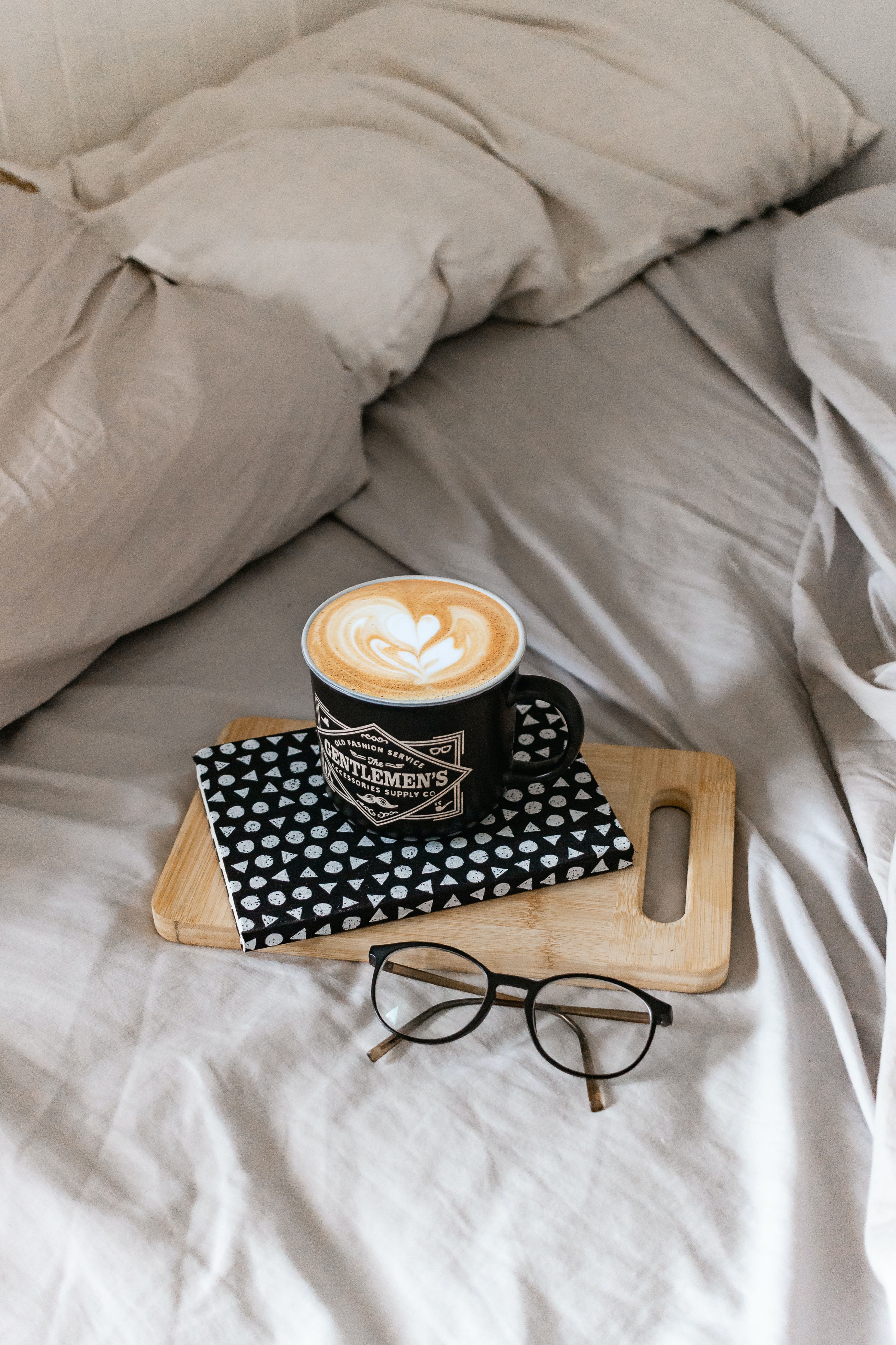 cappuccino, miscellanea, miscellaneous, cup, book, bed, glasses, spectacles