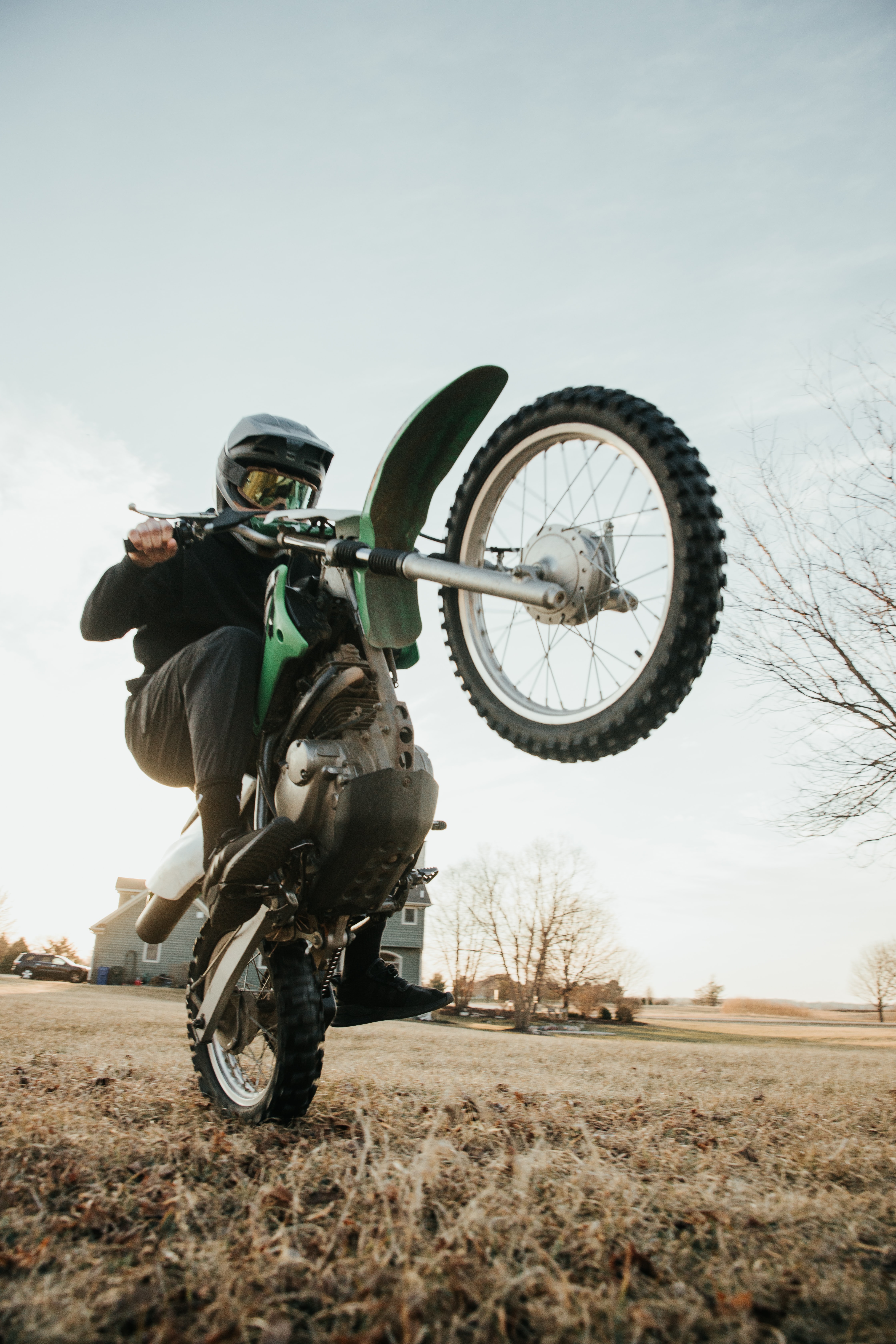 motorcycles, green, motorcyclist, motorcycle, wheel, trick