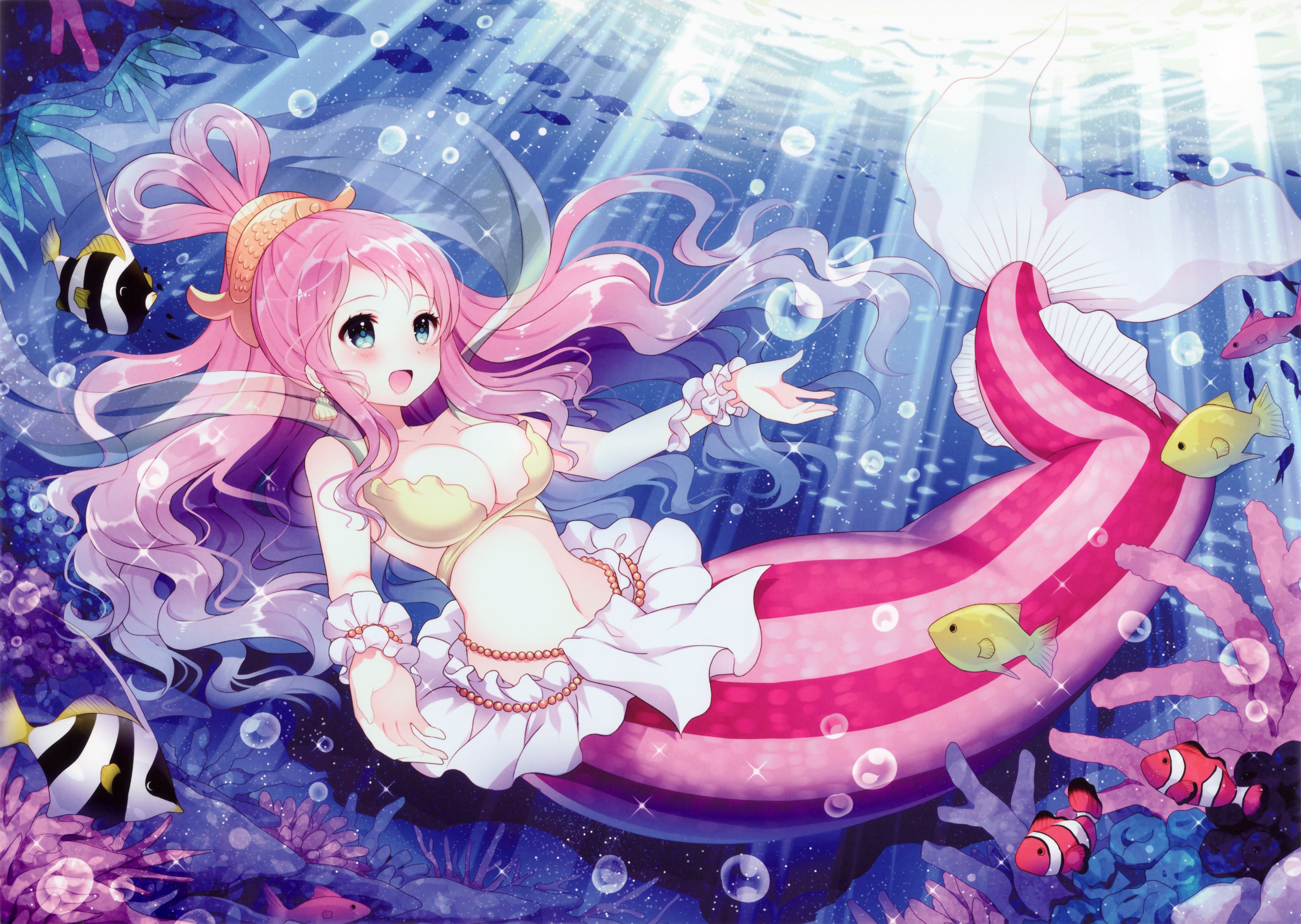 shirahoshi (one piece), anime, one piece, beads, bikini, blue eyes, fish, long hair, mermaid, pink hair, underwater UHD