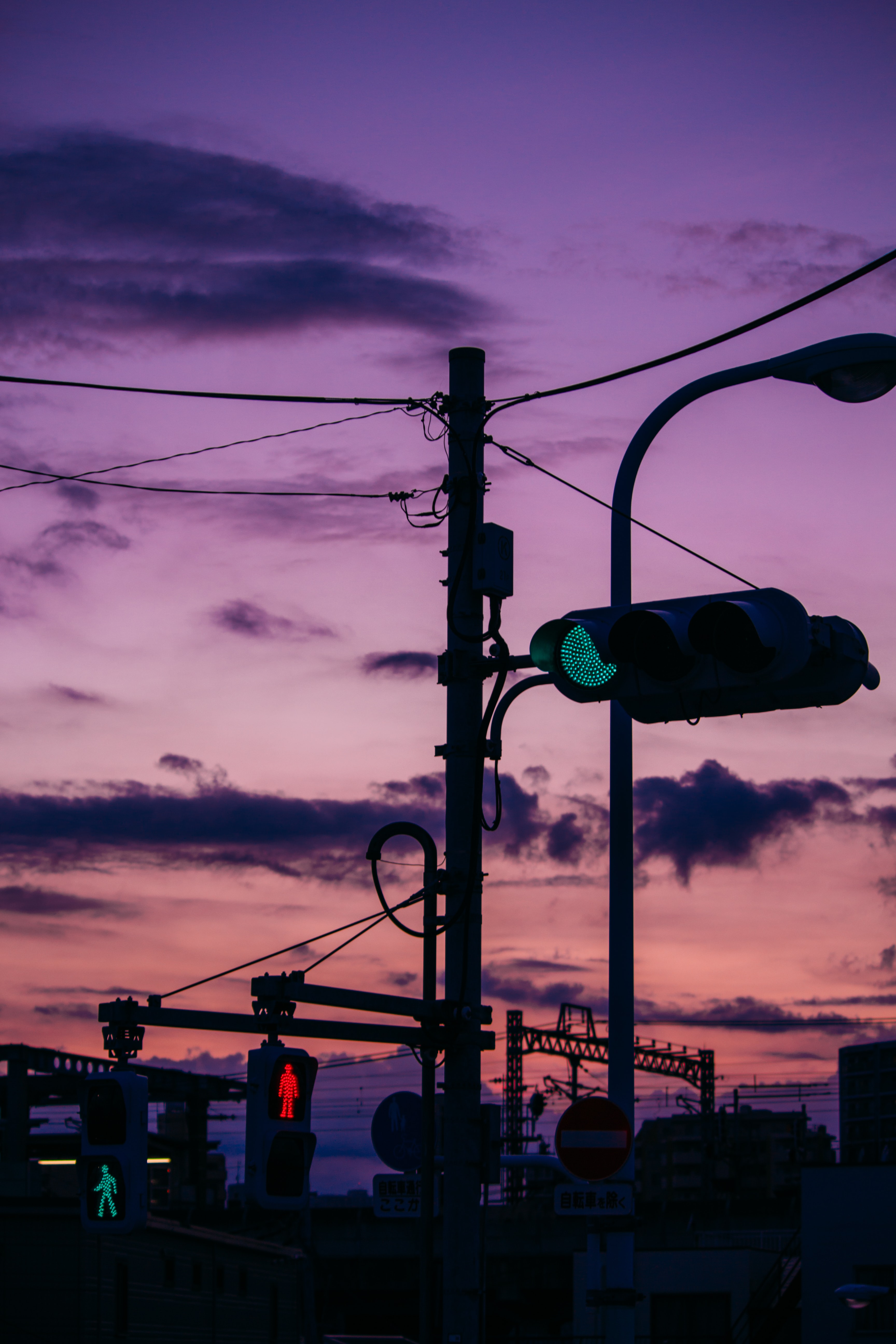 wires, twilight, dark, dusk, evening, traffic light, wire Full HD