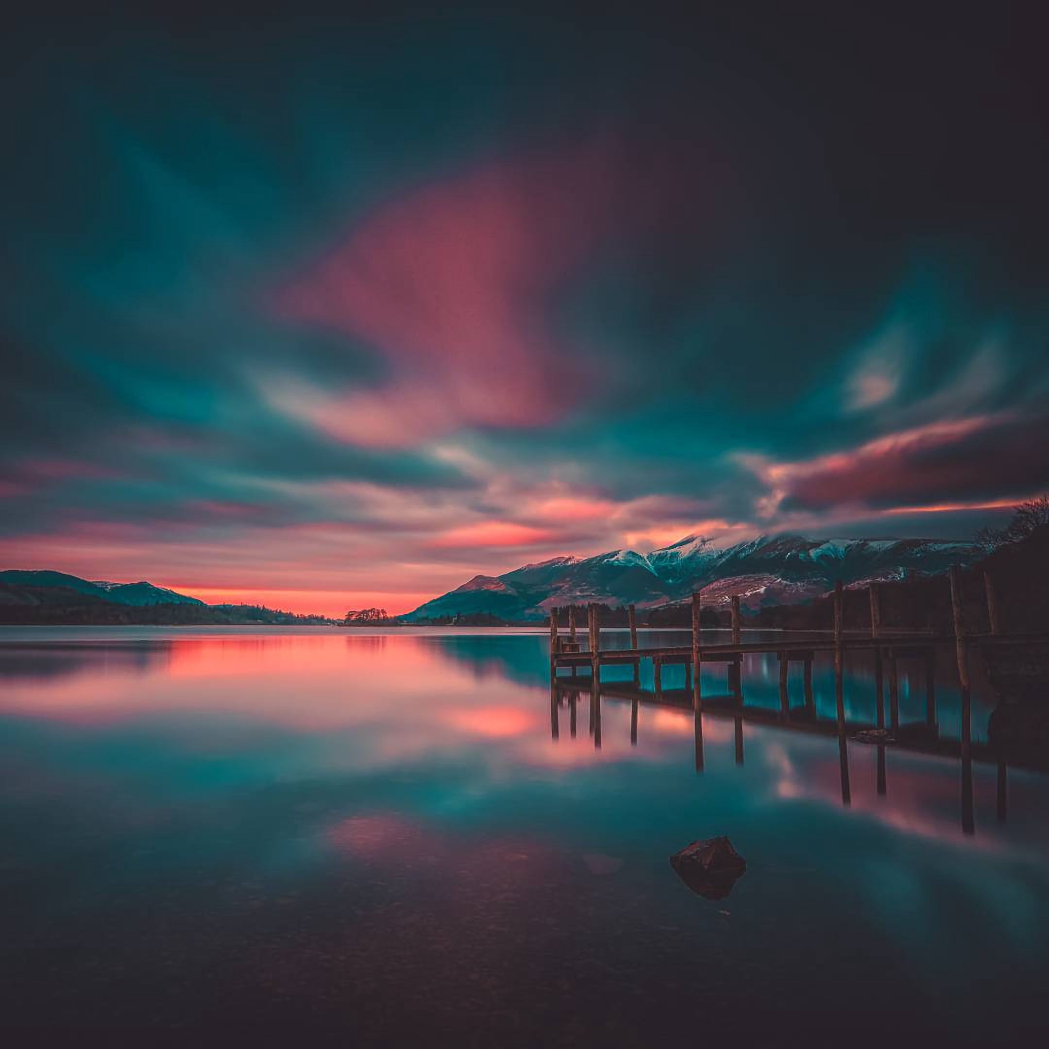 pier, nature, mountains, sunset, lake, photoshop 32K