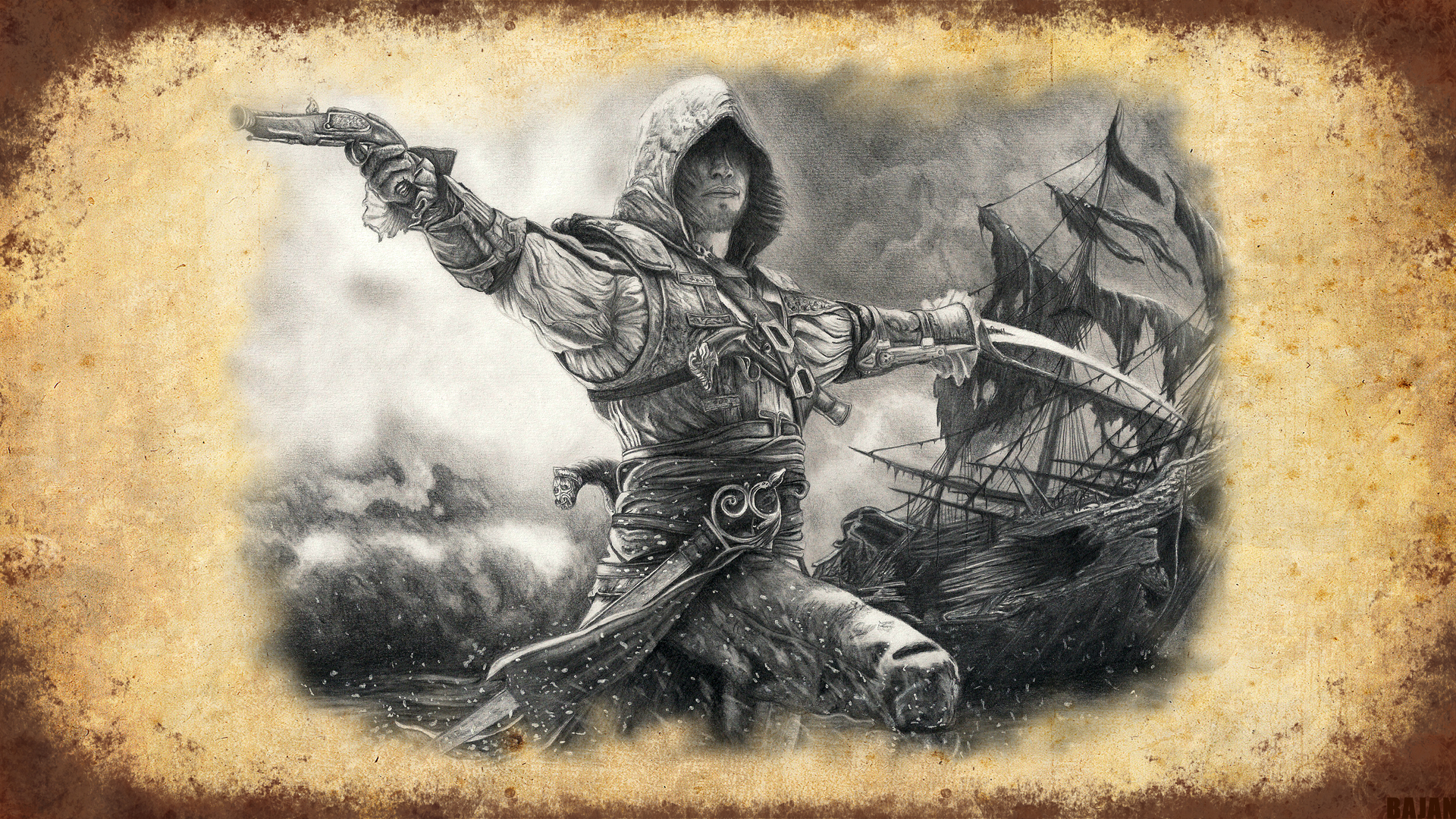 pirate, drawing, assassin's creed, video game, assassin's creed iv: black flag, edward kenway, wreck wallpaper for mobile