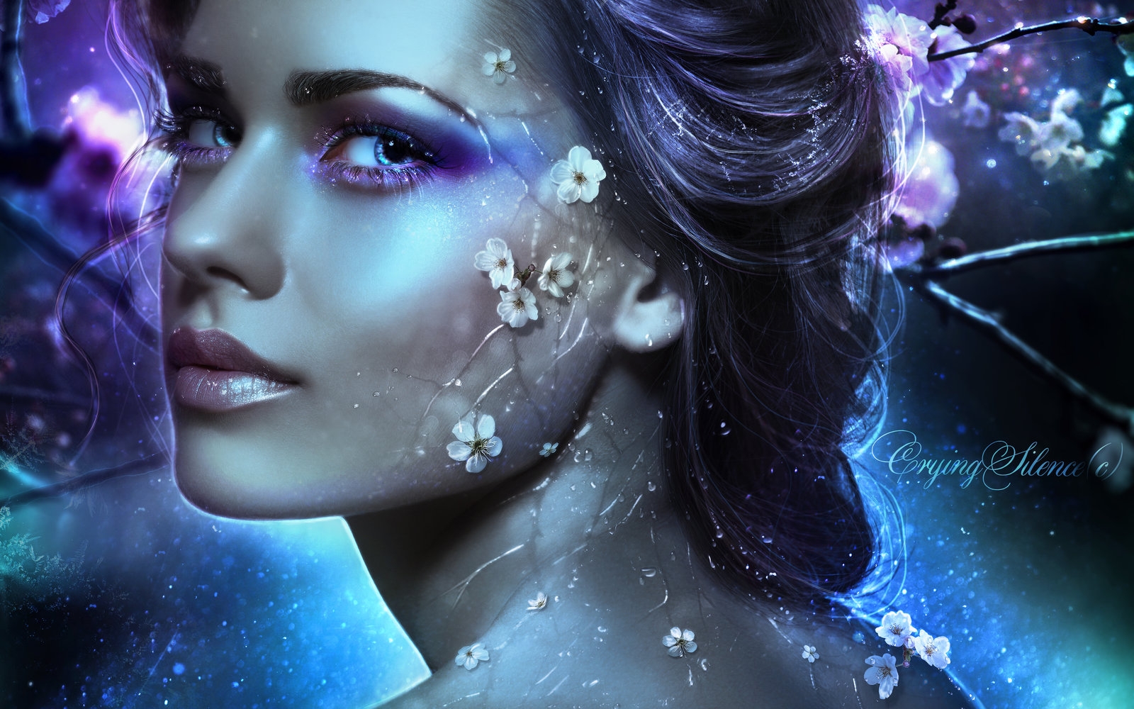Download mobile wallpaper Fantasy, Purple, Face, Women, Blue Eyes, Blossom for free.