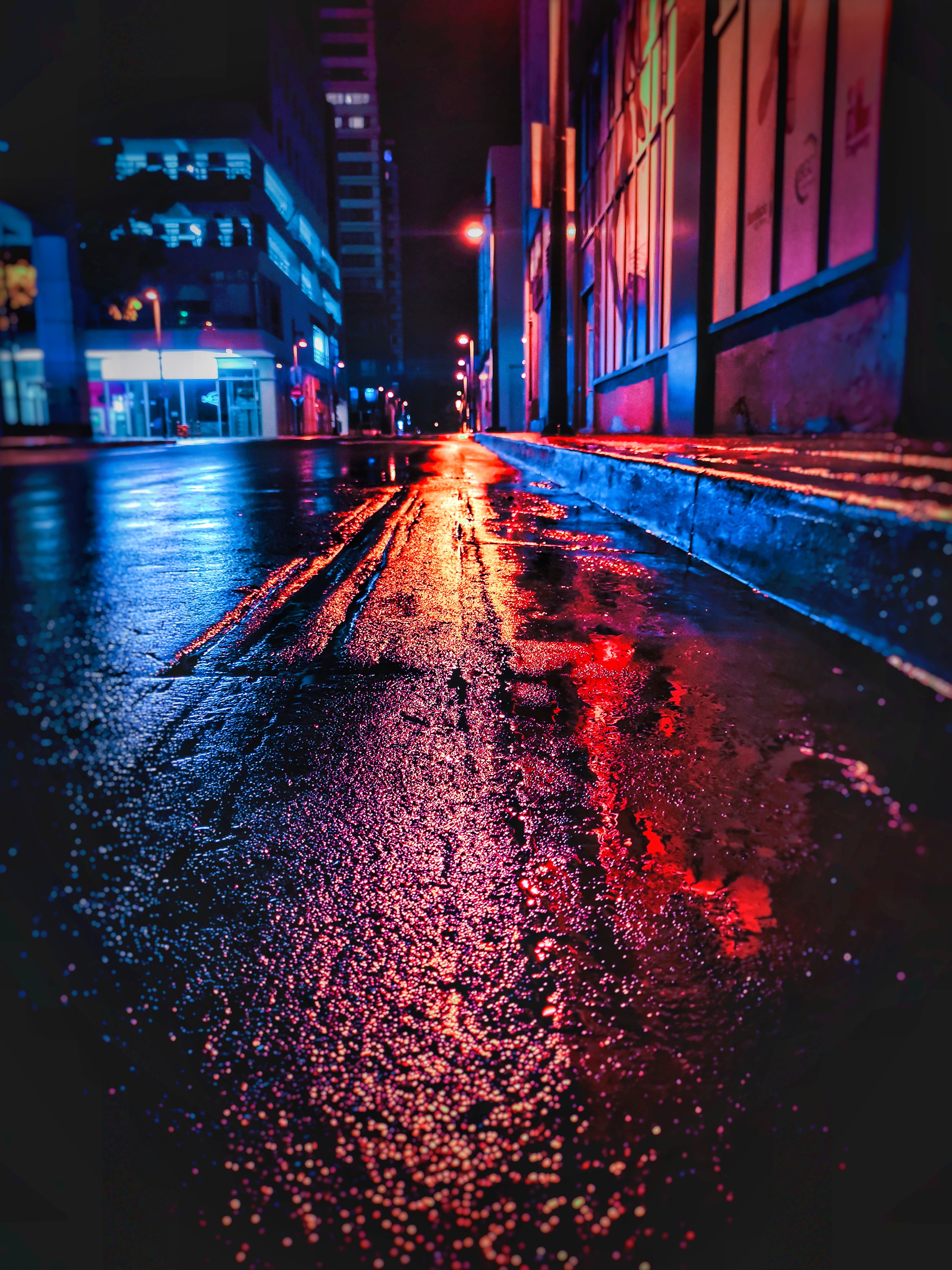 neon, night, street, dark, city, wet High Definition image