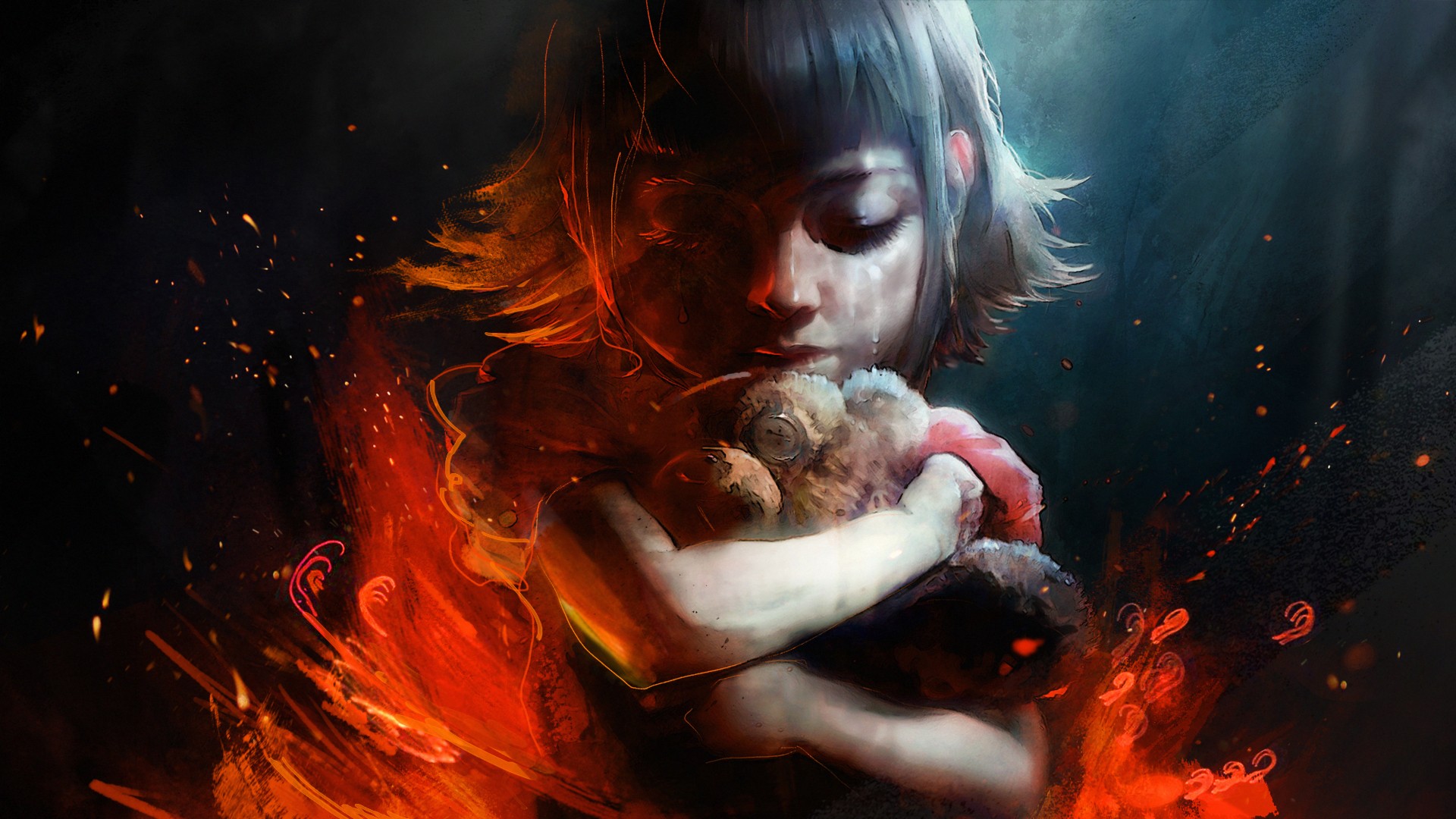 annie (league of legends), video game, league of legends, crying, little girl, sad, short hair, stuffed animal