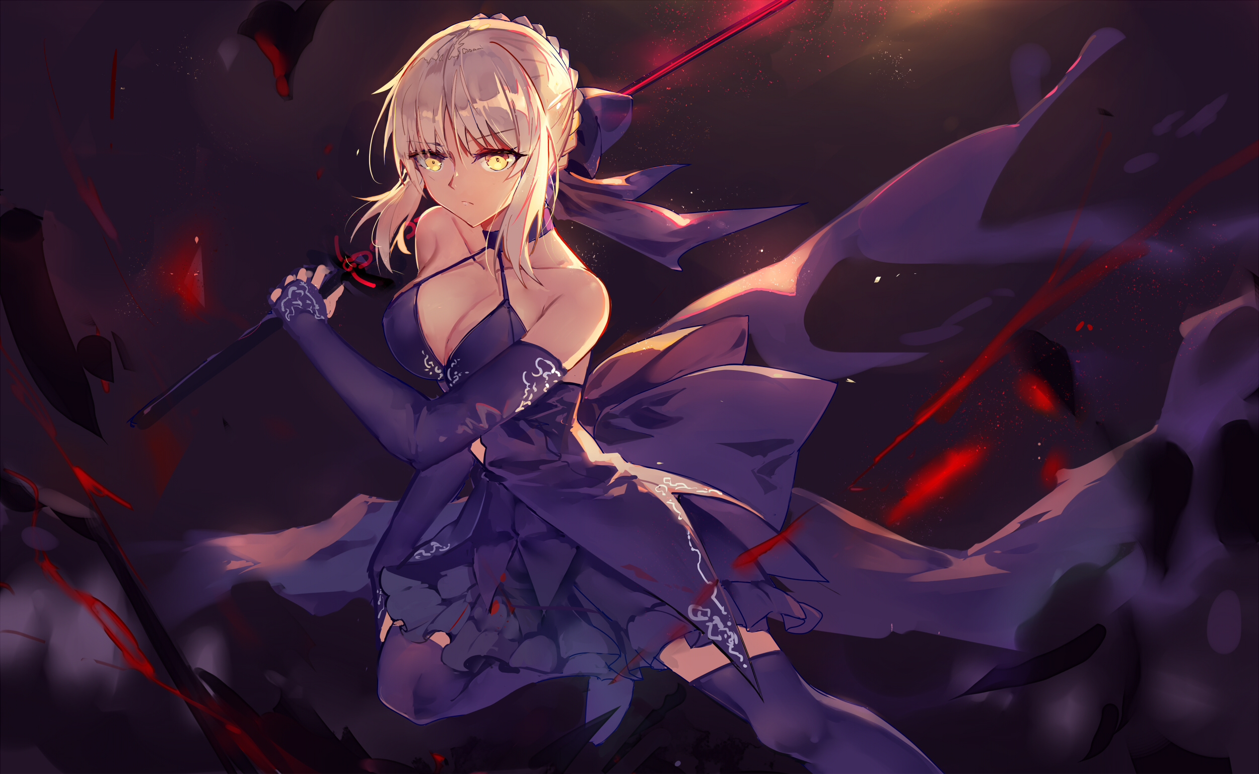 anime, fate/grand order, dress, fate (series), purple dress, saber (fate series), saber alter, sword, thigh highs, weapon, fate series Aesthetic wallpaper