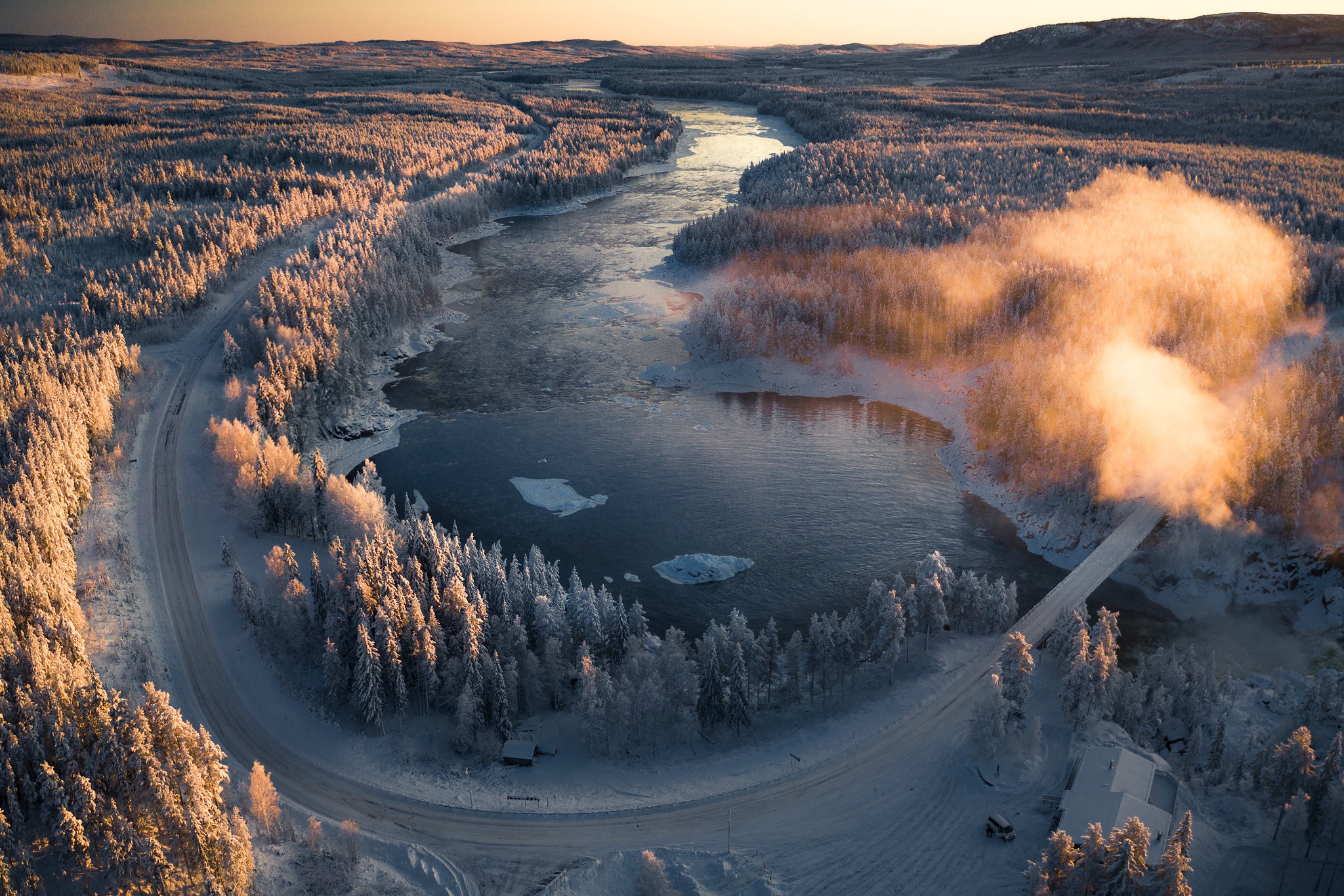 sweden, earth, landscape, forest, nature, river, road, winter wallpaper for mobile