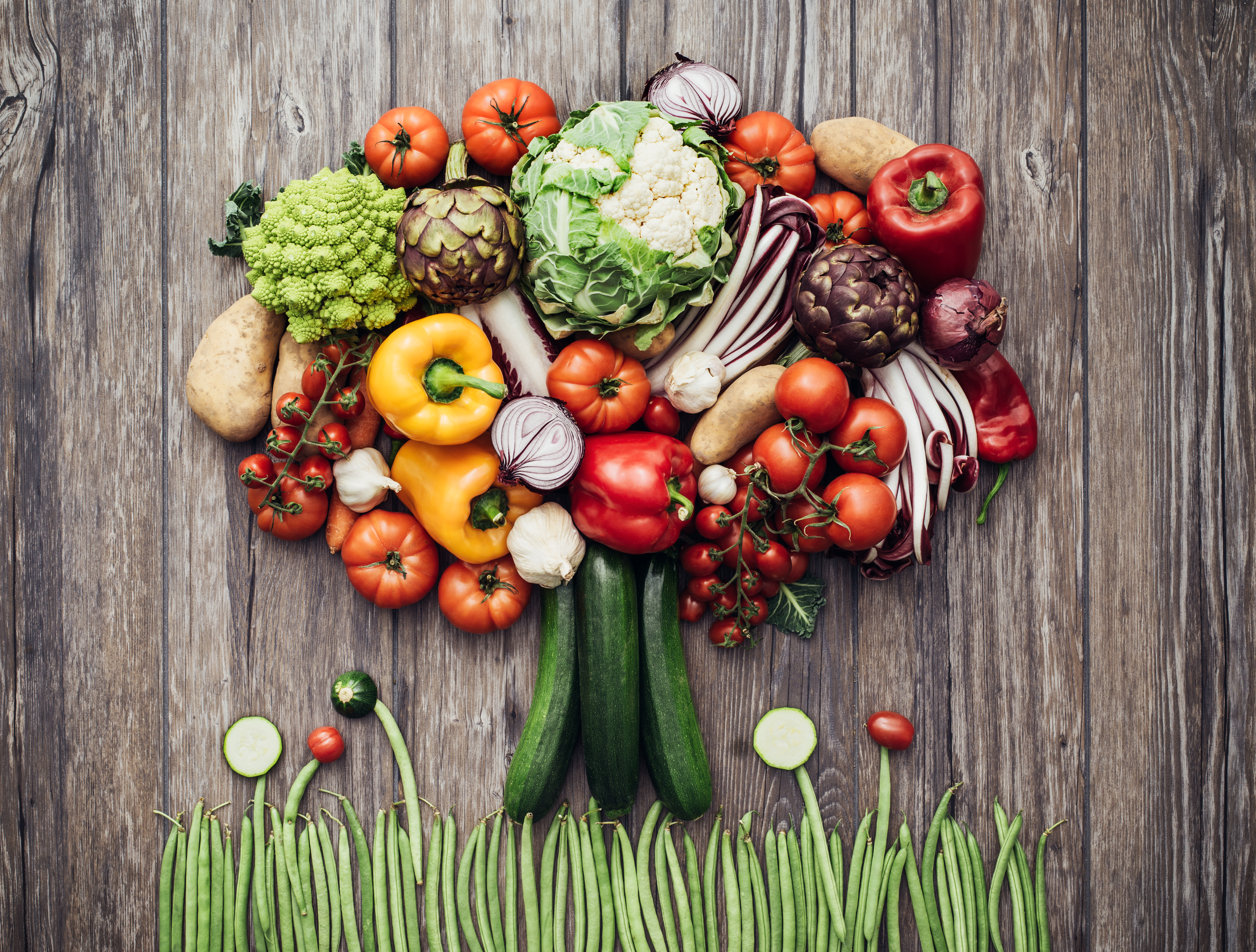 vegetable, vegetables, food, cabbage, garlic, onion, pepper, potato, still life, tomato, tree