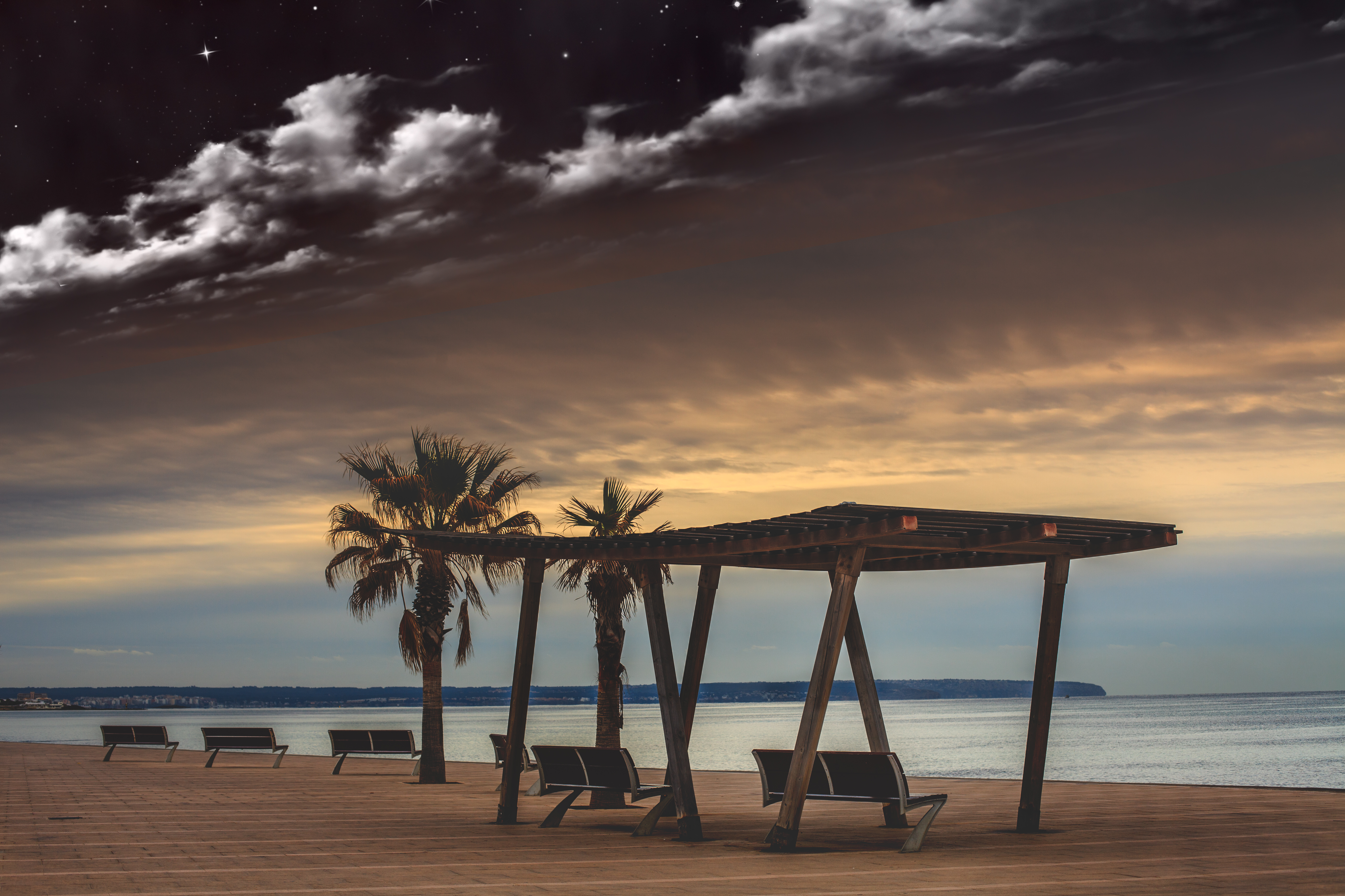 nature, benches, sea, clouds, palms, starry sky, relaxation, rest, evening