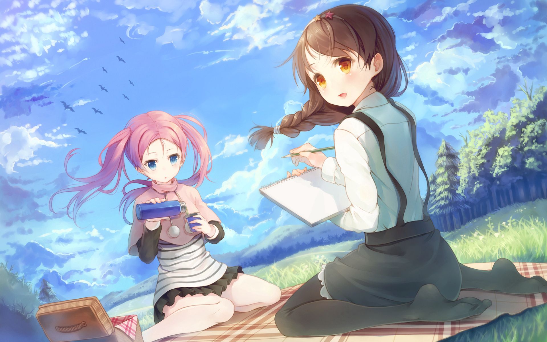 anime, girls, tail, thermos, wind, picnic
