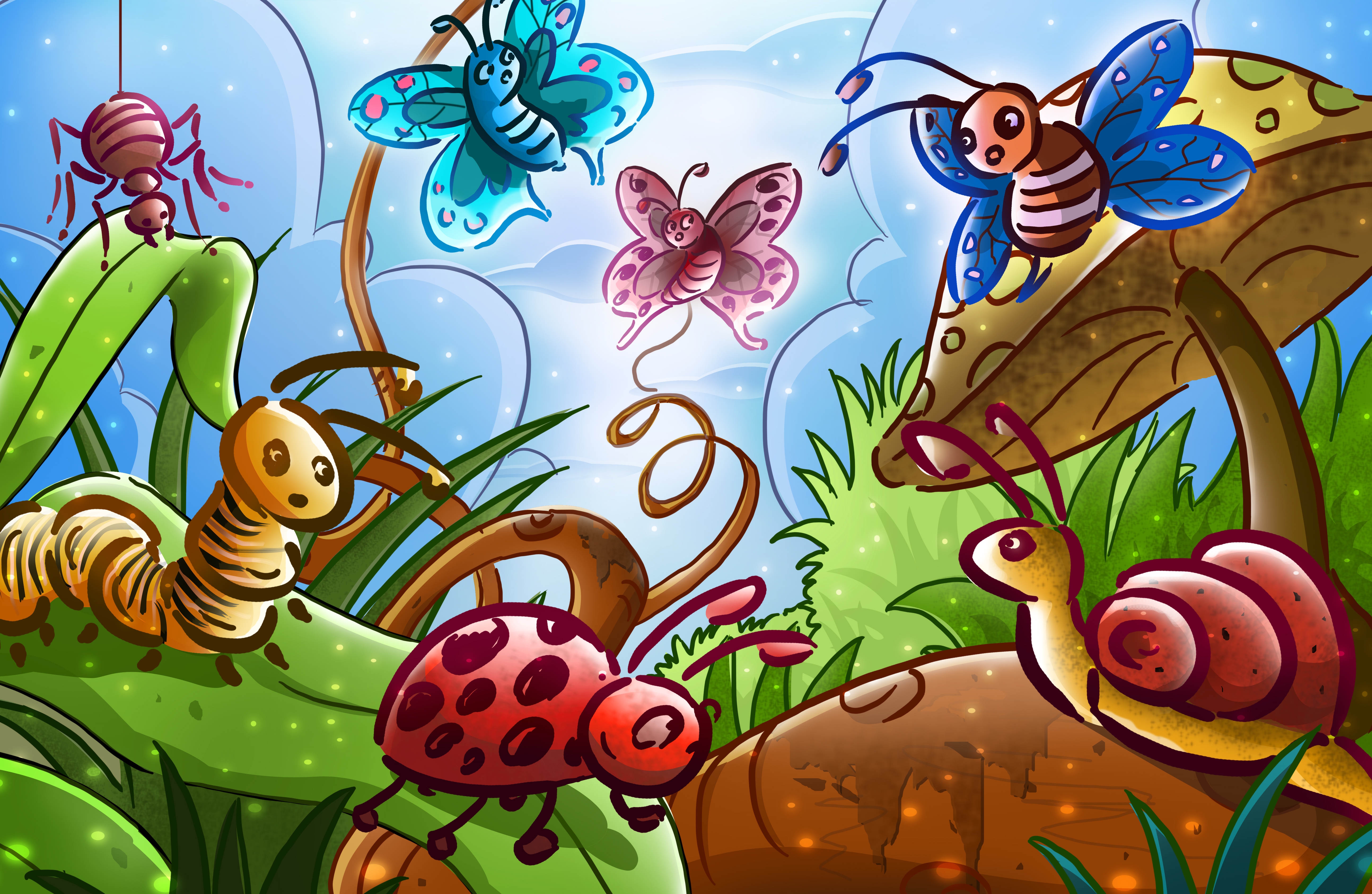 132872 скачать обои бабочки, насекомые, арт, жуки, паук, сказка - заставки и картинки бесплатно