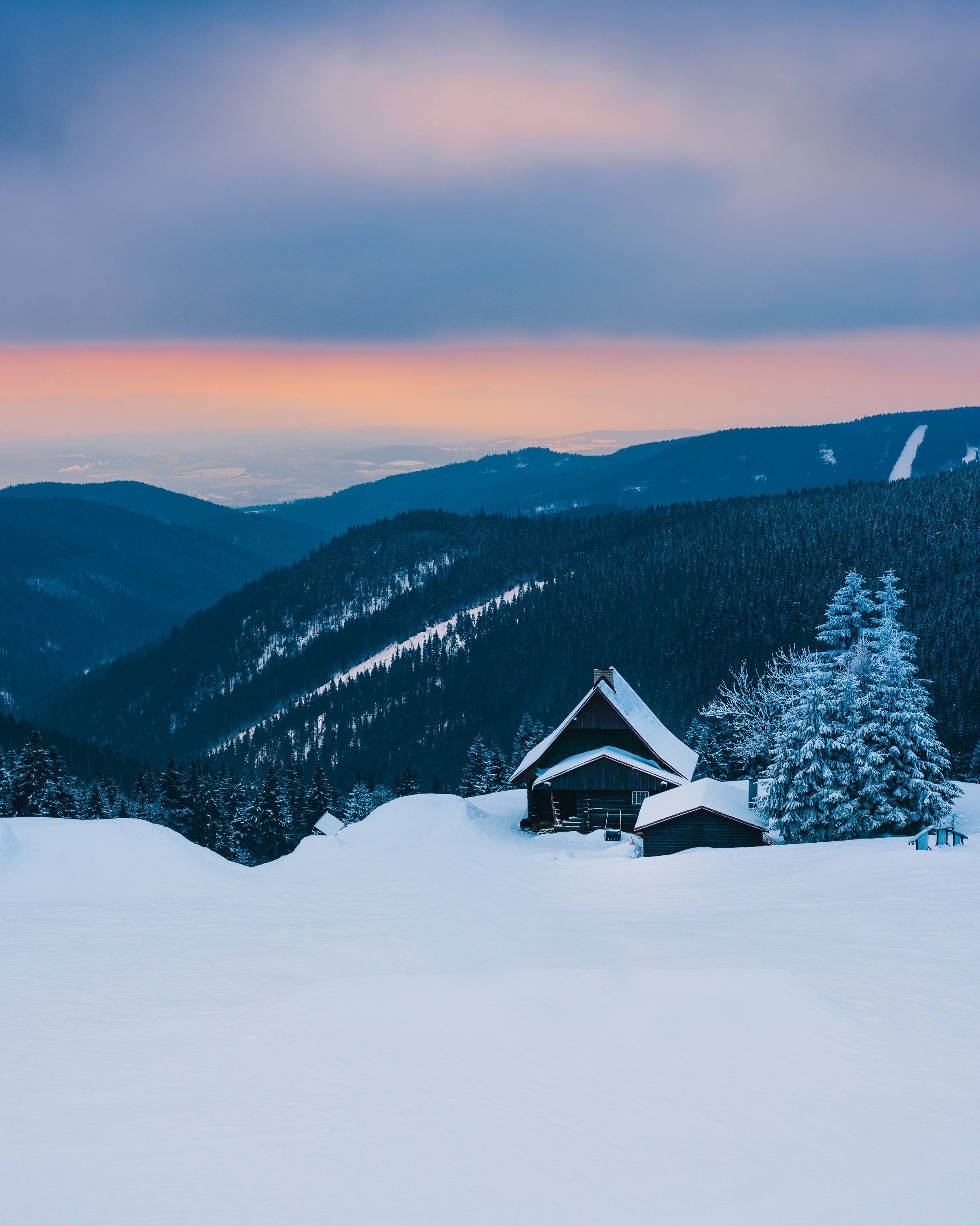 small house, hut, winter, nature, mountains, snow, alps, lodge Aesthetic wallpaper