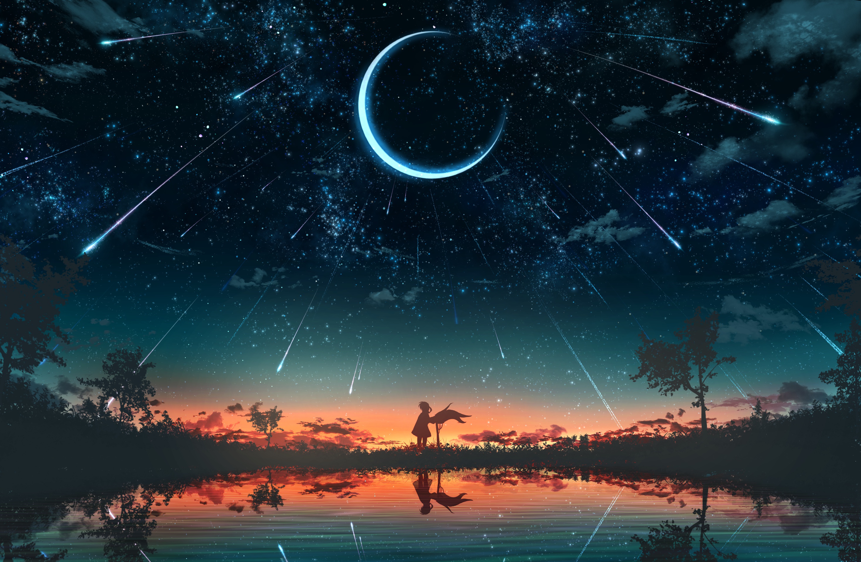 sunset, crescent, anime, original, nature, pond, sky, star trail