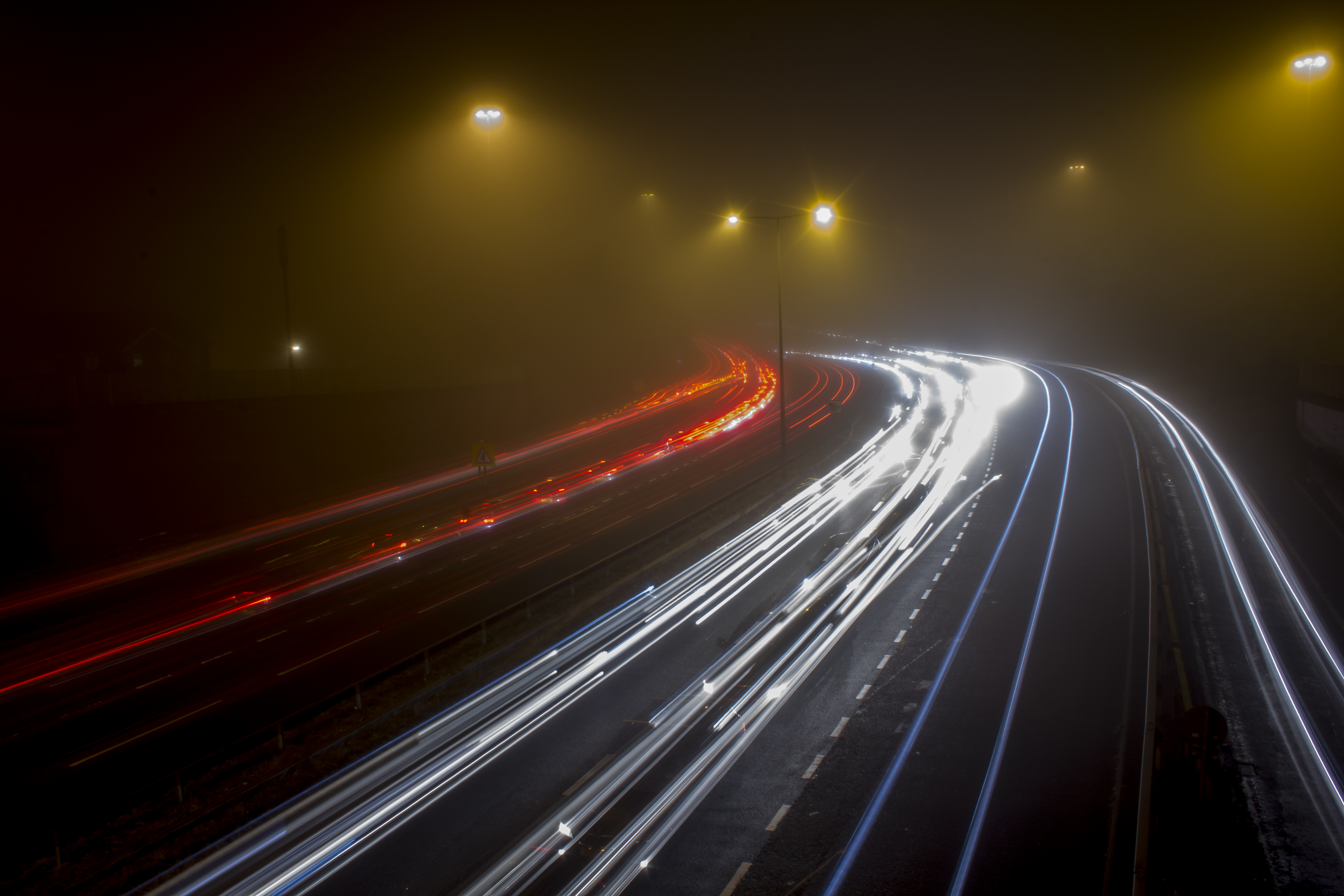 long exposure, cities, night, lights, road, turn, fog
