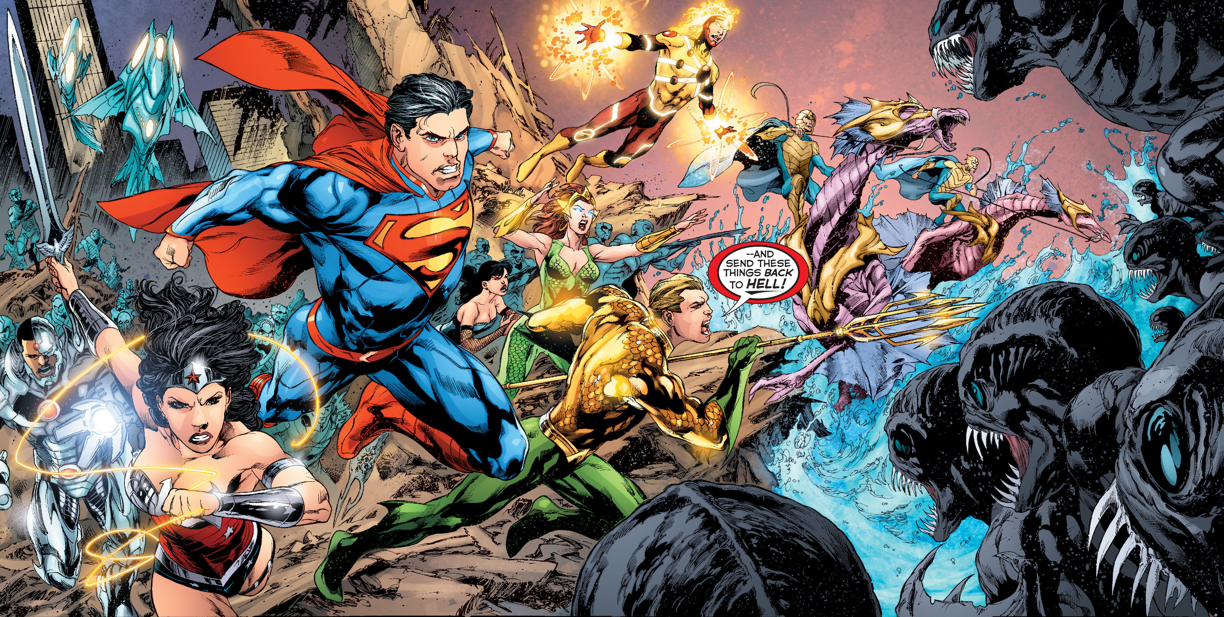 comics, justice league, aquaman, cyborg (dc comics), dc comics, firestorm (dc comics), mera (dc comics), superhero, superman, the new 52, wonder woman, zatanna