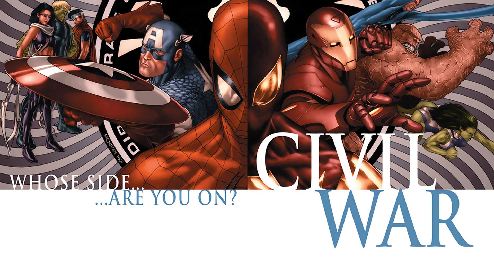 comics, civil war, captain america, hulkling (marvel comics), iron man, kate bishop, she hulk, spider man, thing (marvel comics), wiccan (marvel comics) High Definition image