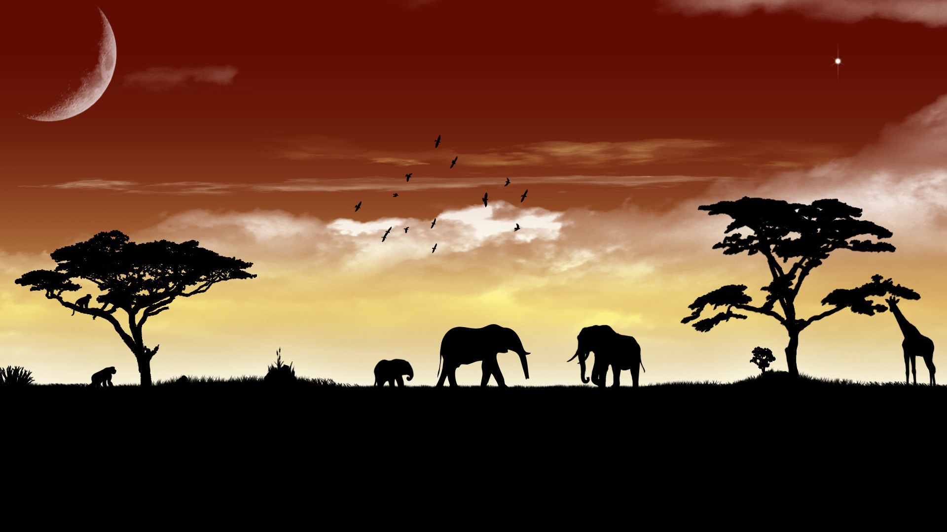 Free download wallpaper Sunset, Vector, Silhouette, Artistic, Giraffe, Elephant, Africa on your PC desktop