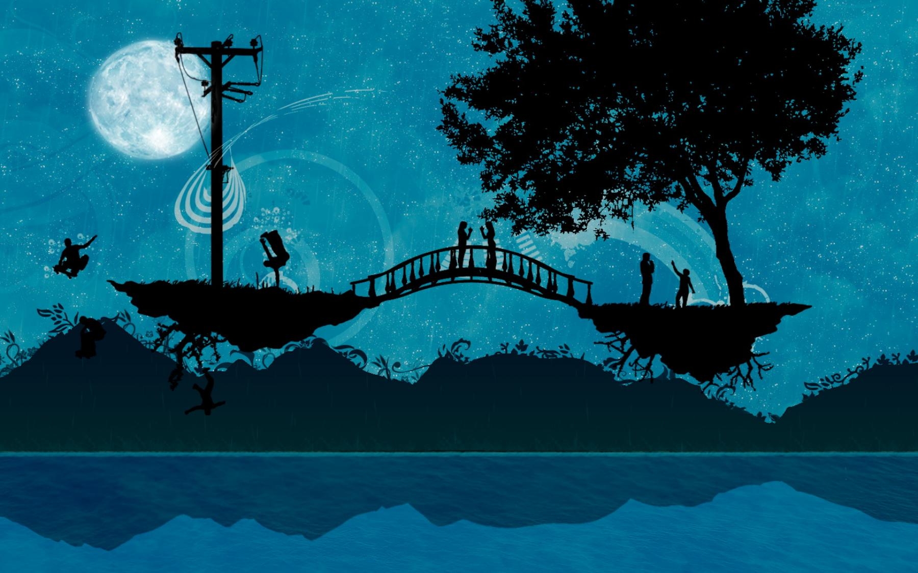 romance, trees, sea, people, vector, silhouettes, bridge, wires, wire, islands, islets
