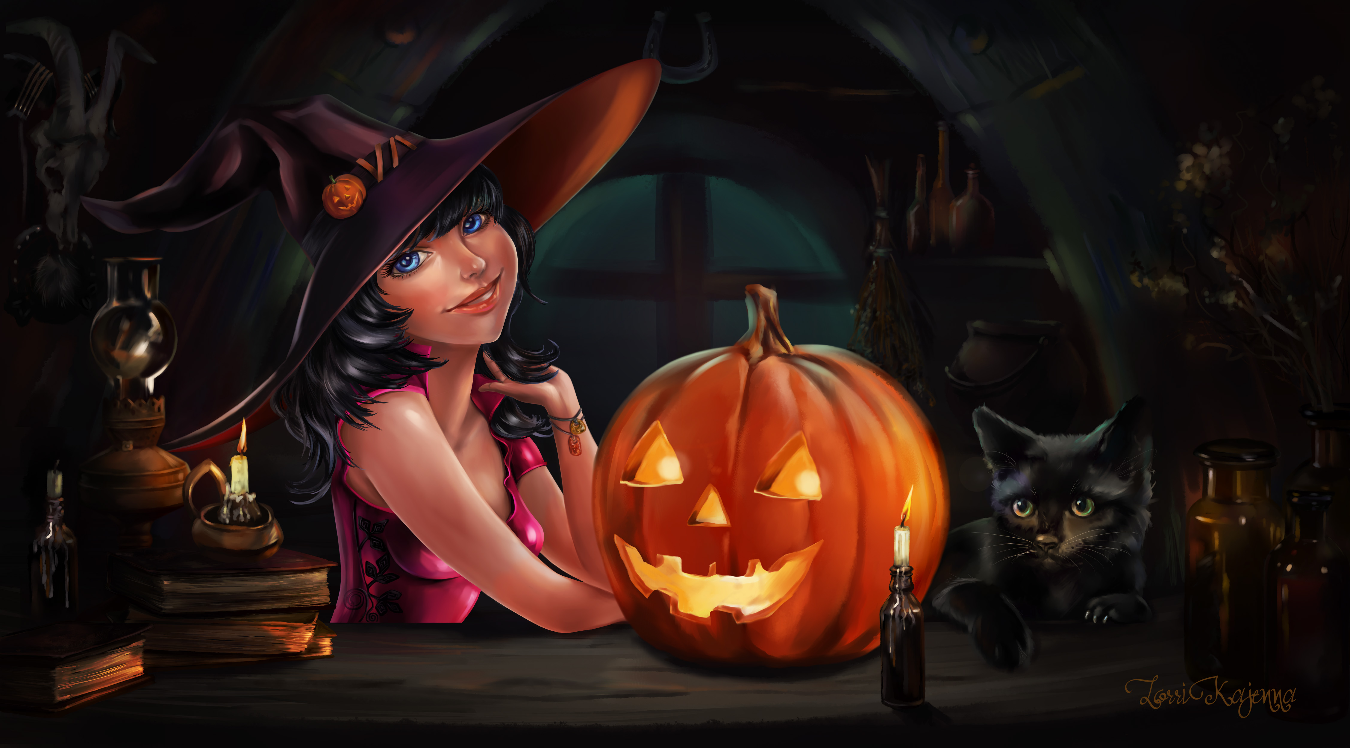 Download mobile wallpaper Halloween, Pumpkin, Cat, Holiday, Blue Eyes, Witch, Black Hair, Jack O' Lantern, Witch Hat for free.