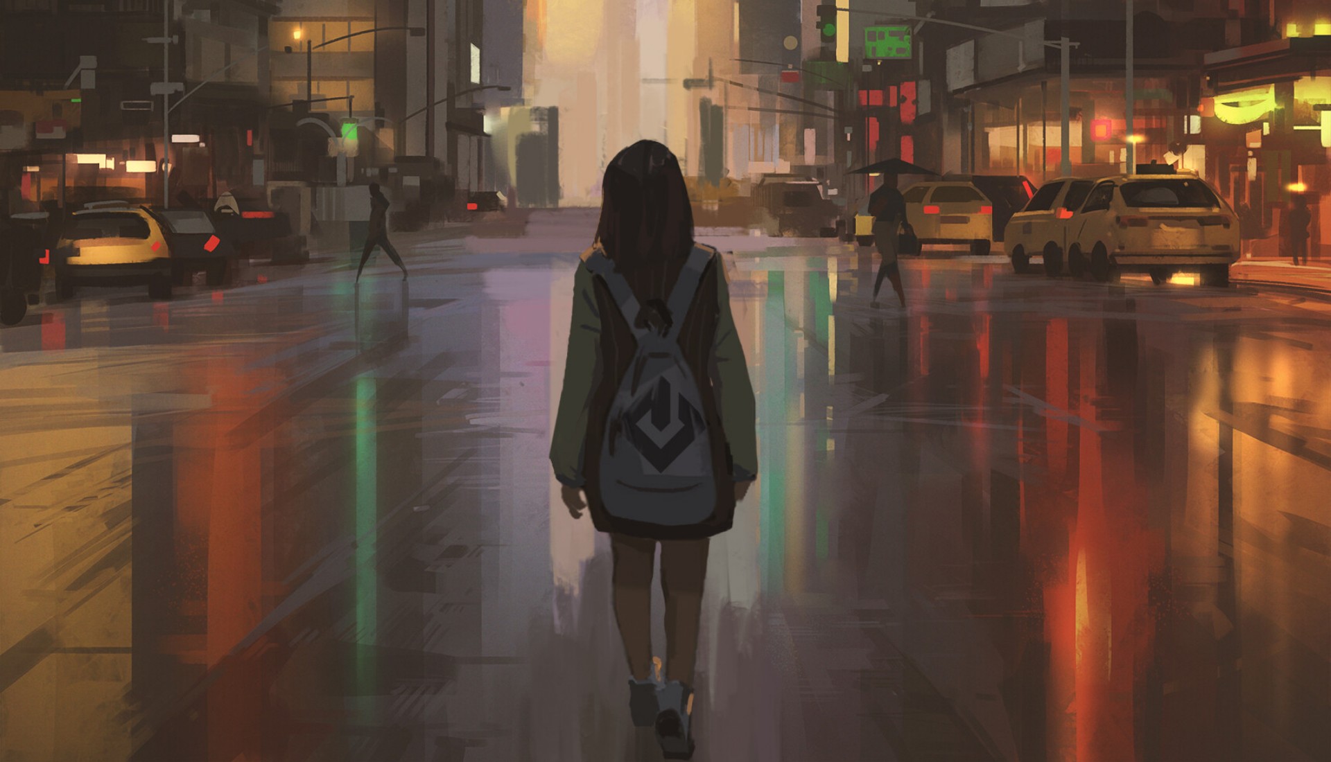 Аниме девушка идёт по улице ночью