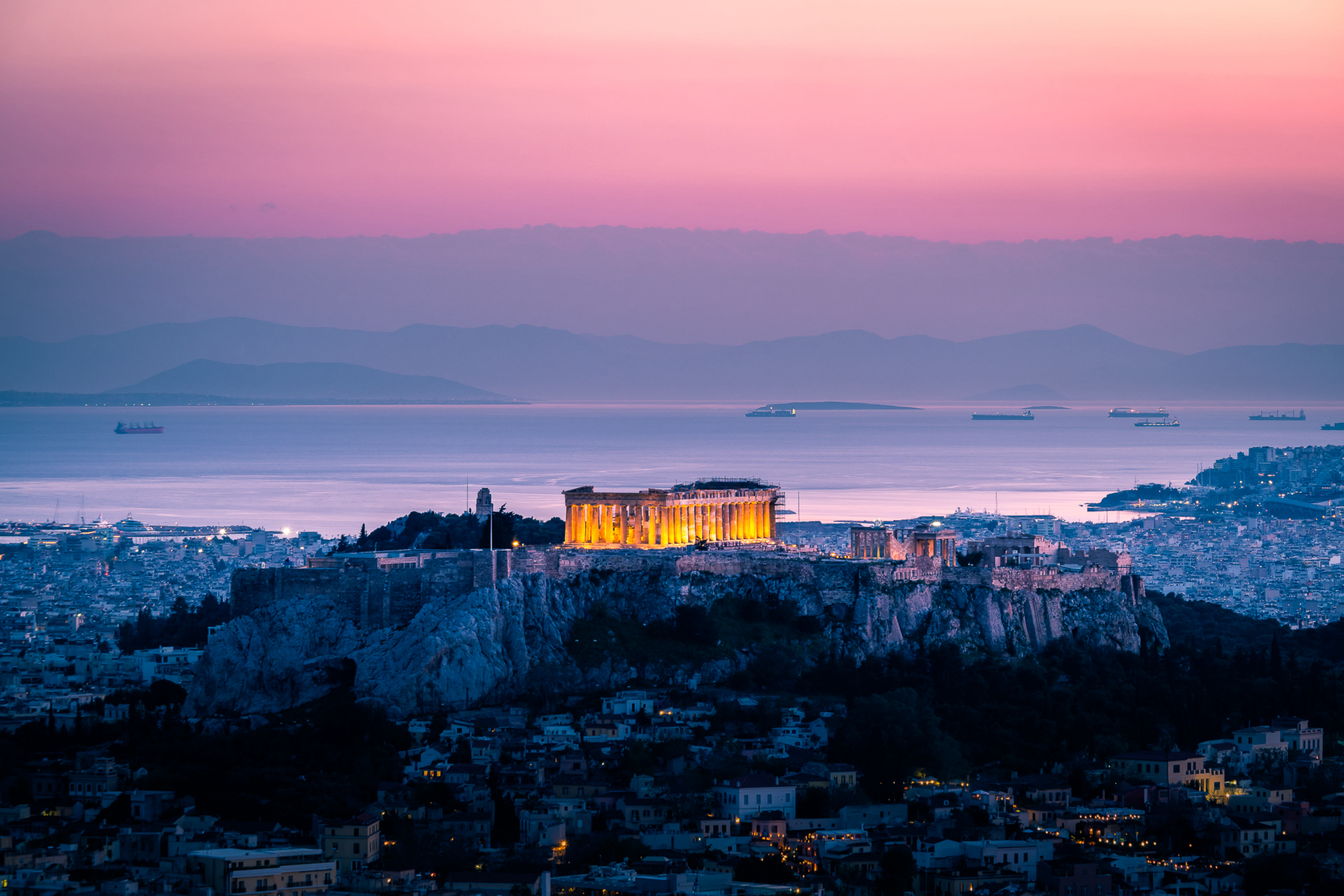 greece, athens, cities, sunset, sea, architecture, acropolis 8K