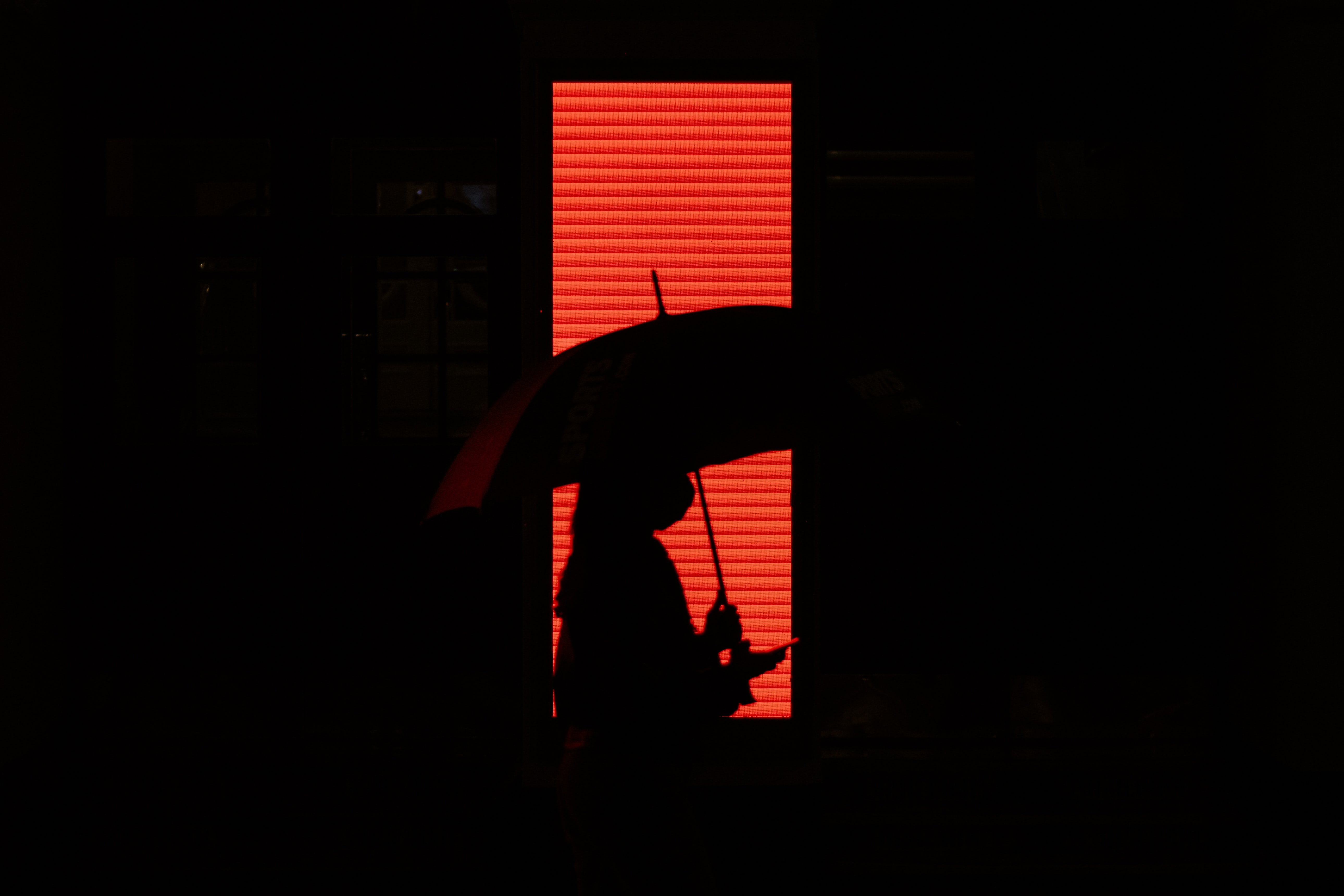 person, red, dark, silhouette, human, umbrella Phone Background