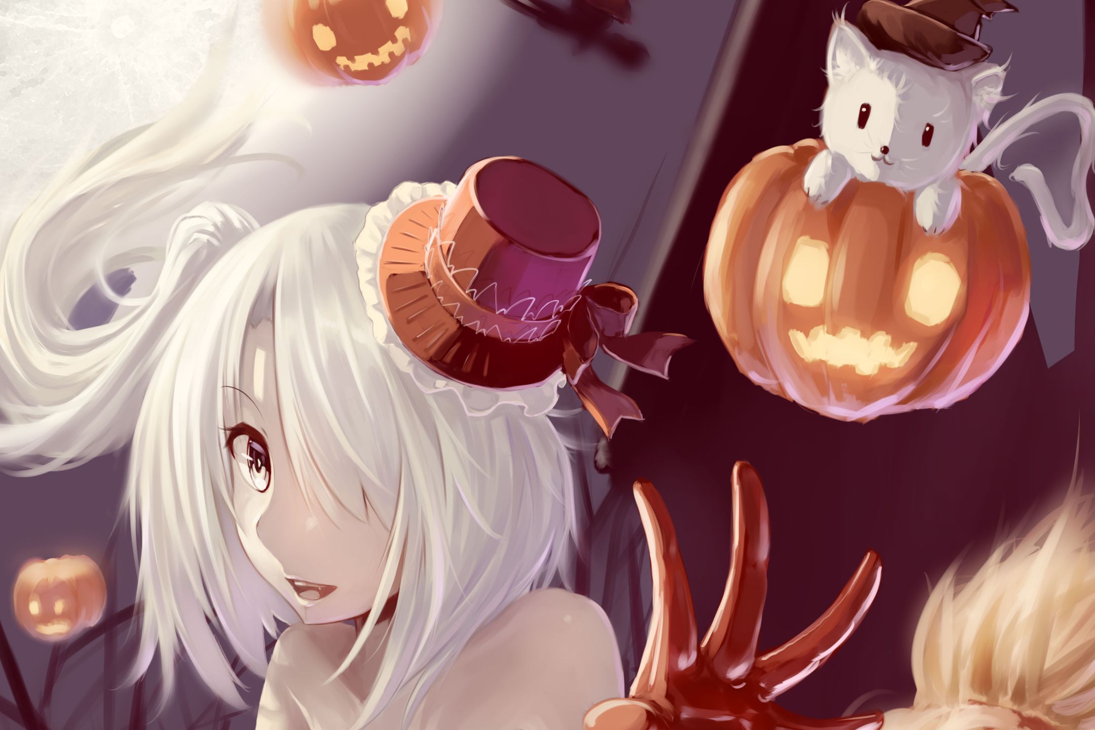 Mobile wallpaper: Anime, Halloween, Pumpkin, Cat, Witch, White Hair,  1315344 download the picture for free.