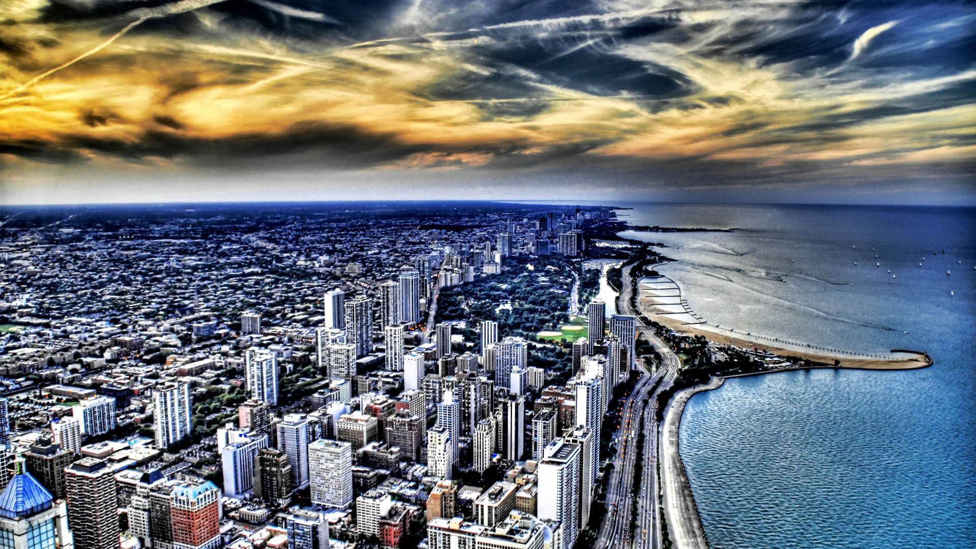 shore, chicago, cities, building, view from above, bank, ocean, skyscrapers, hdr HD wallpaper