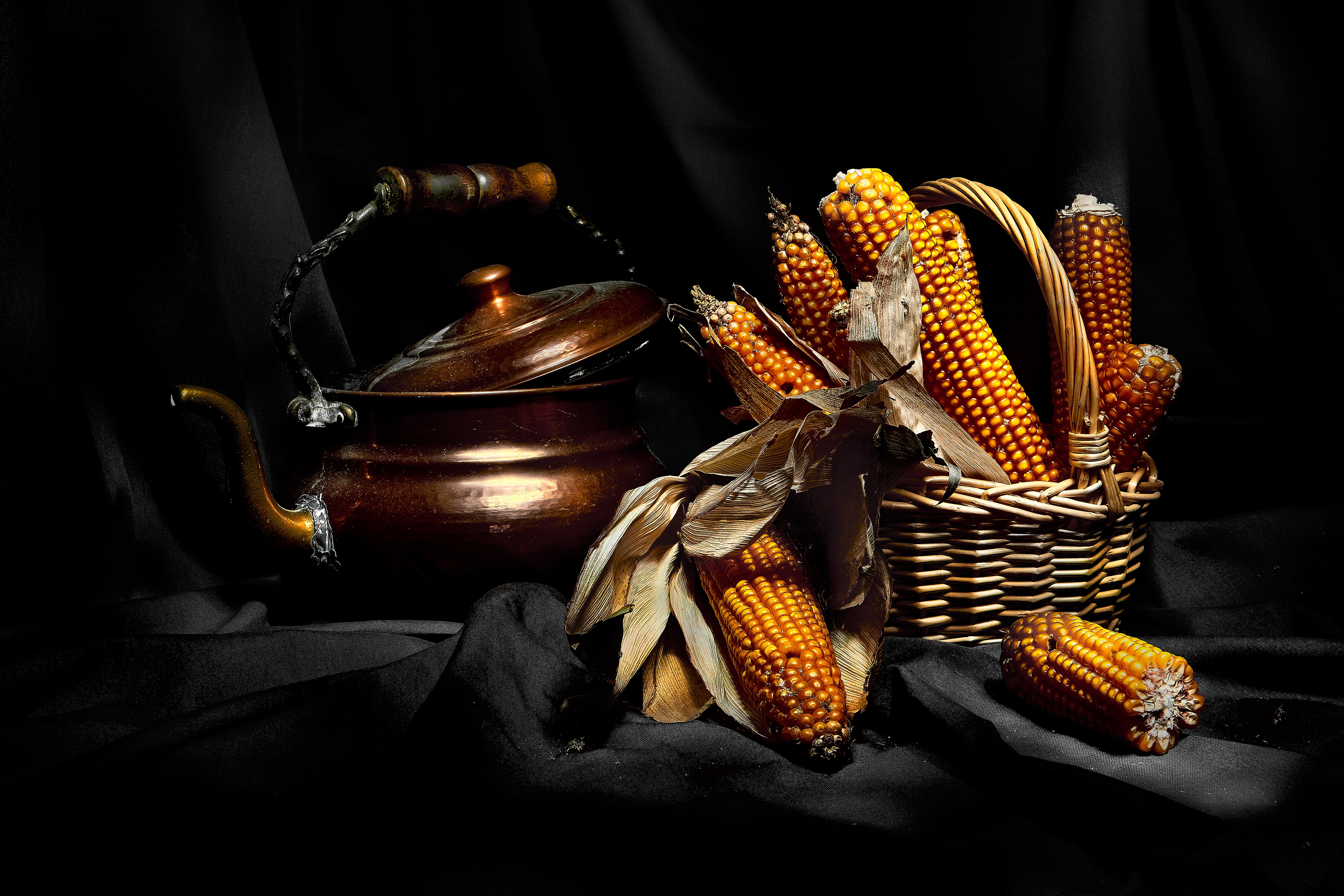 corn, photography, still life, kettle