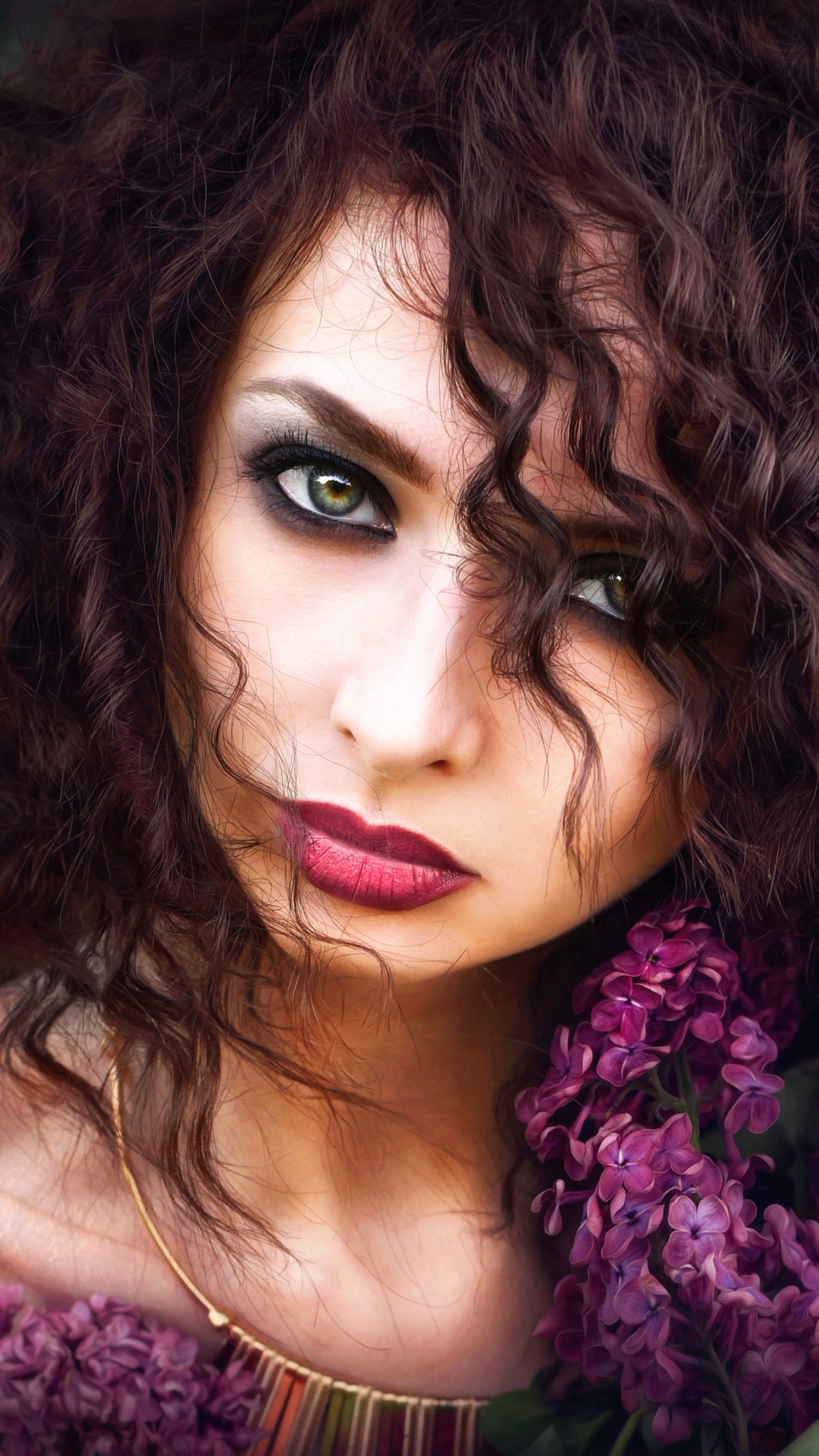 Download mobile wallpaper Face, Brunette, Model, Women, Purple Flower, Short Hair, Lipstick for free.