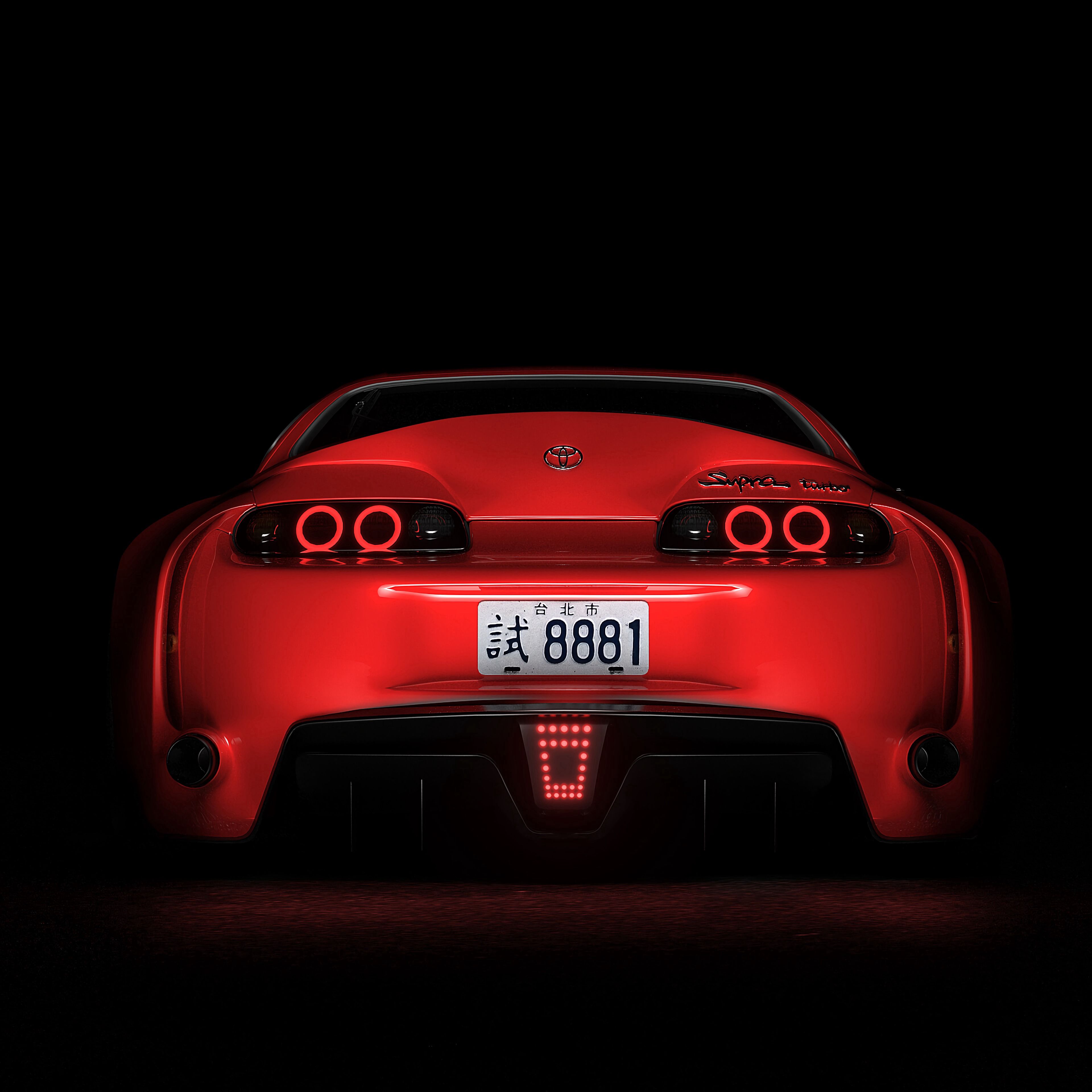 backlight, toyota, toyota supra, cars, sports car, dark, sports, red, illumination, back view, rear view 8K