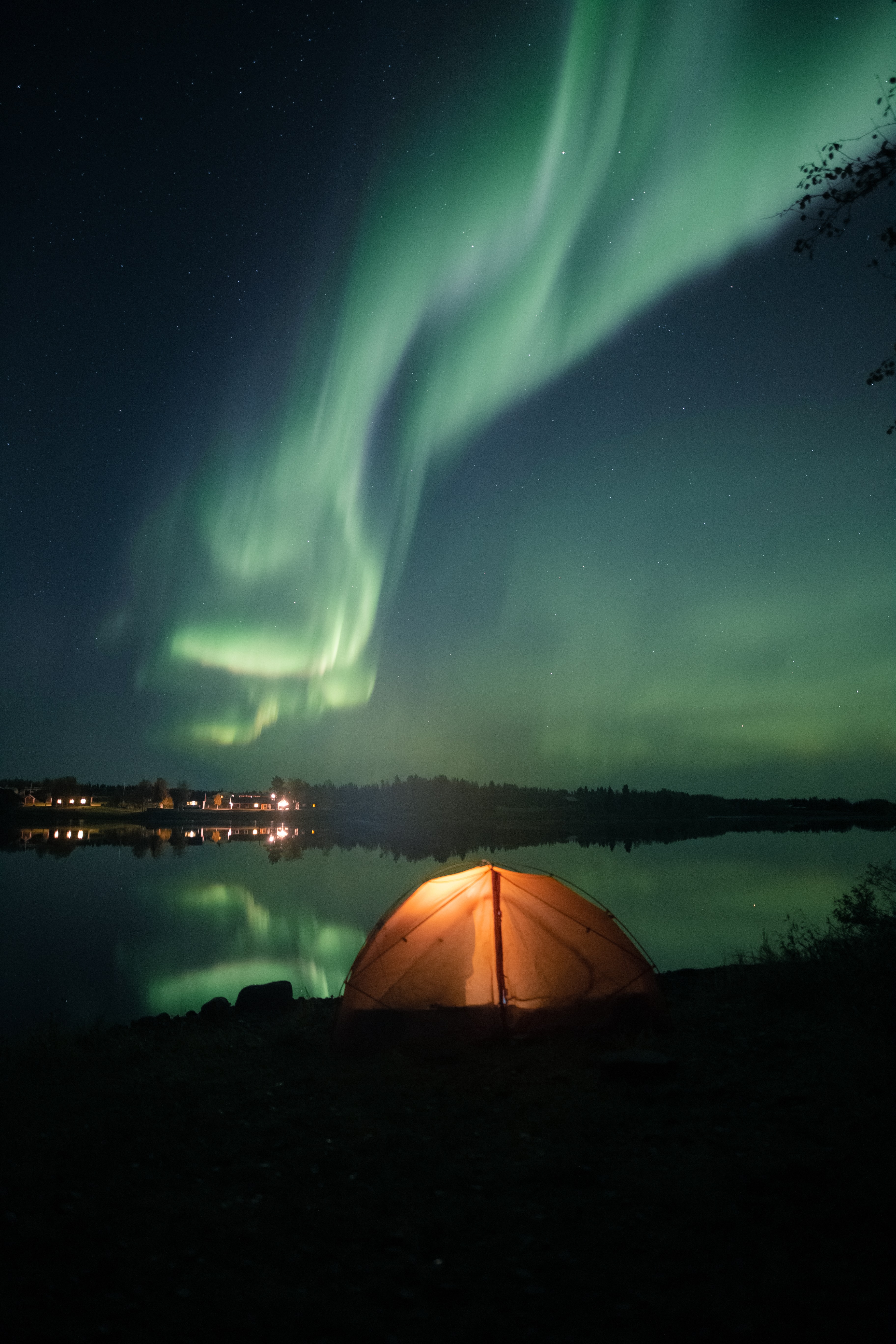 northern lights, camping, aurora borealis, dark, night, lake, tent, campsite mobile wallpaper