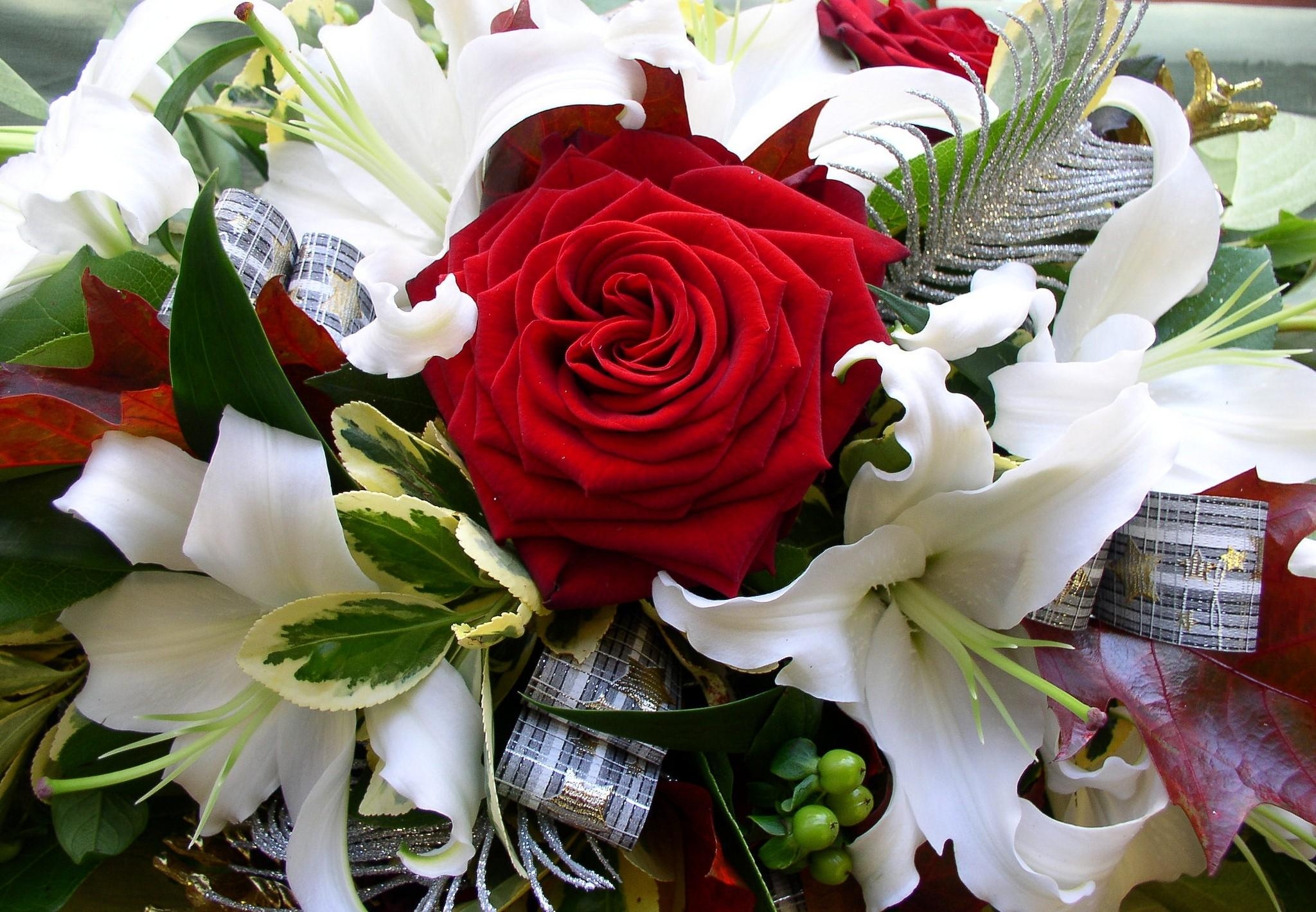 bouquet, flowers, roses, decorations, lilies, tape mobile wallpaper